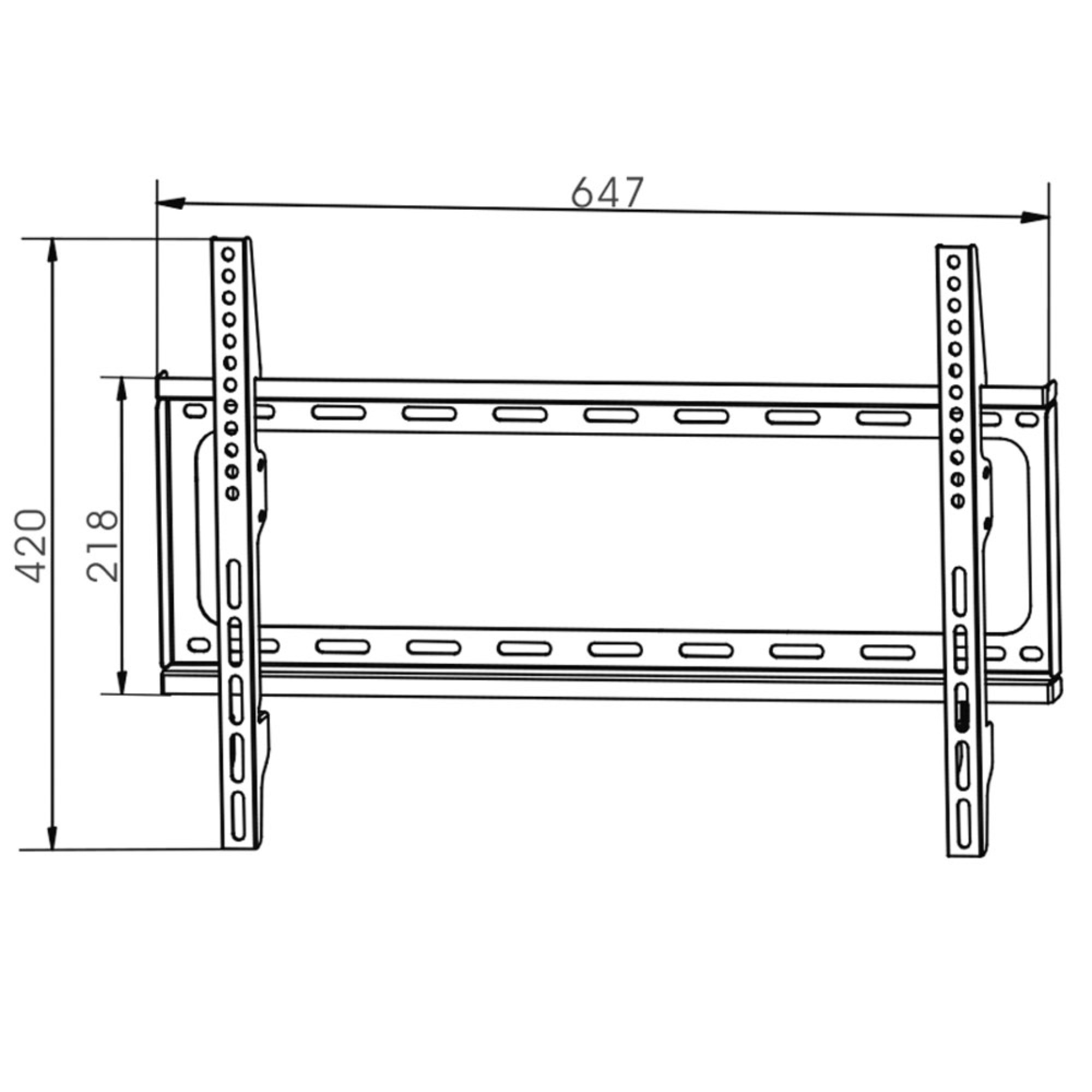 Diagrama de montaje de TV plano con dimensiones, blanco y negro. 647 mm ancho, 420 mm alto.
