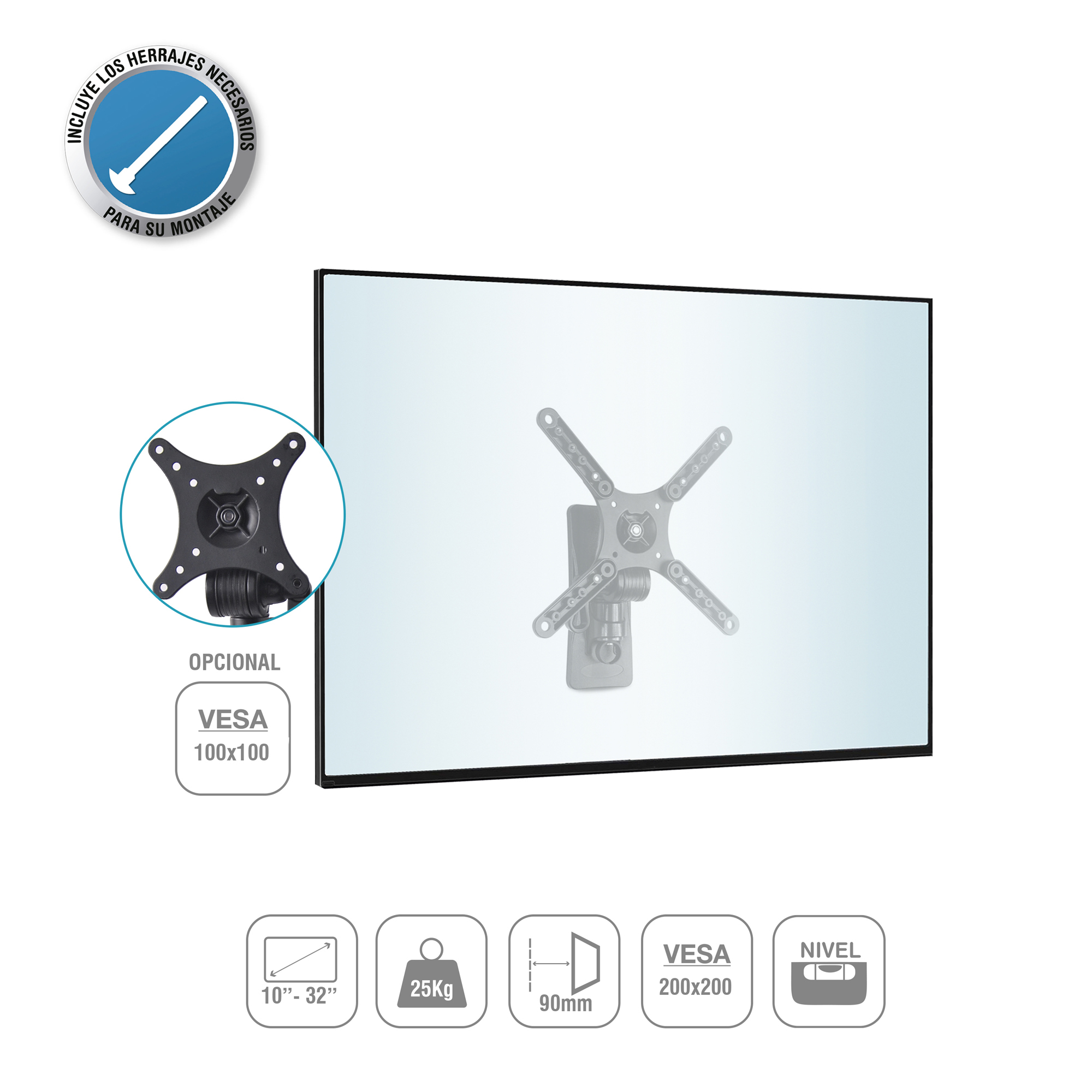 Soporte de montaje con soporte de TV y pantalla de TV. Incluye información sobre dimensiones y peso.