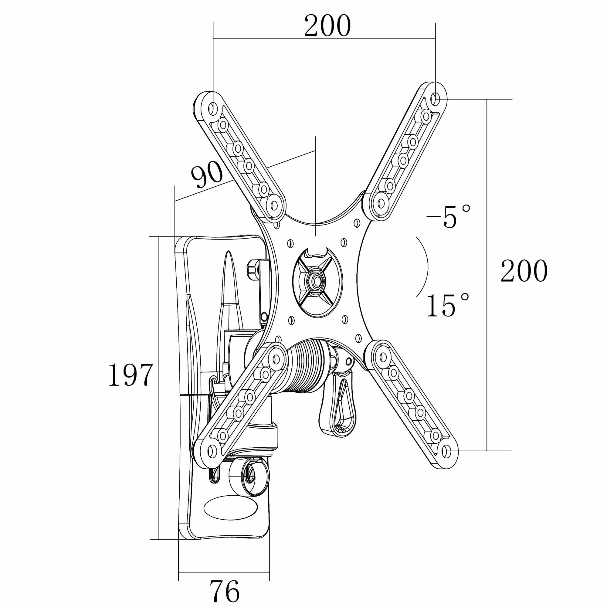 Un diagrama de un soporte de TV con medidas, incluyendo dimensiones y ángulos para la instalación.