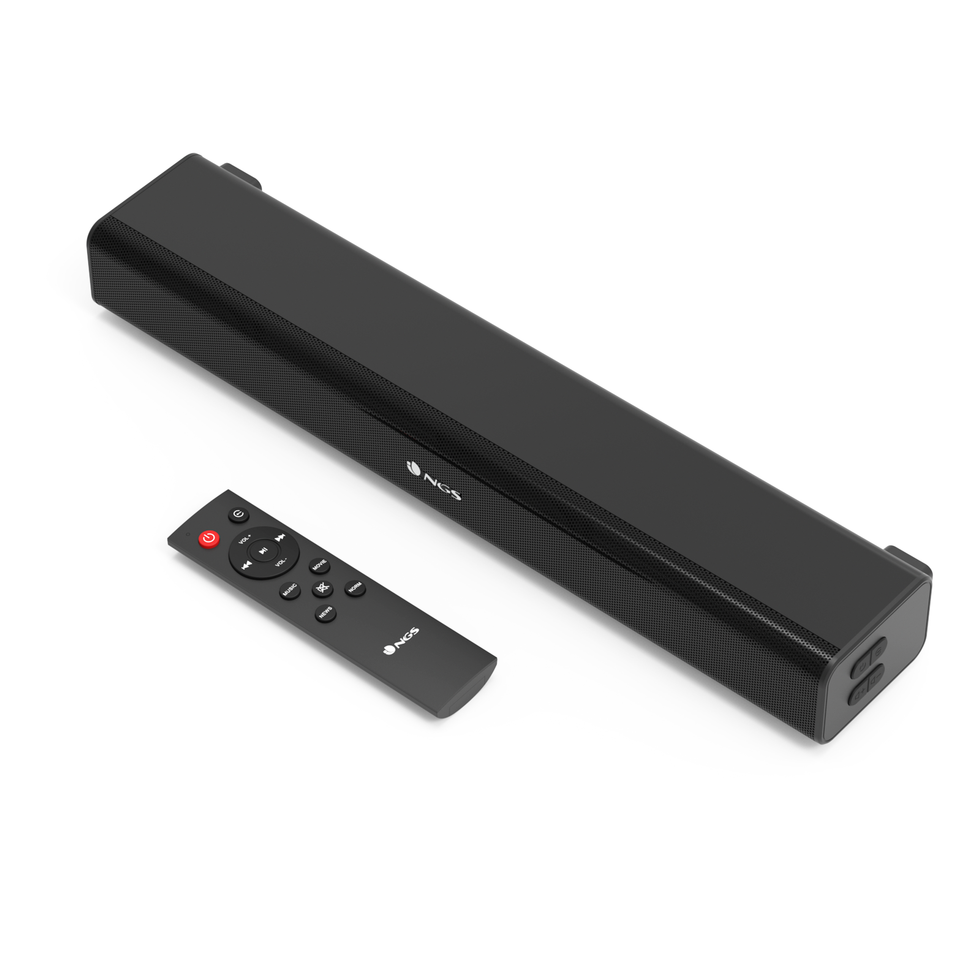 Eine schwarze Soundbar mit Fernbedienung auf einer weißen Oberfläche.