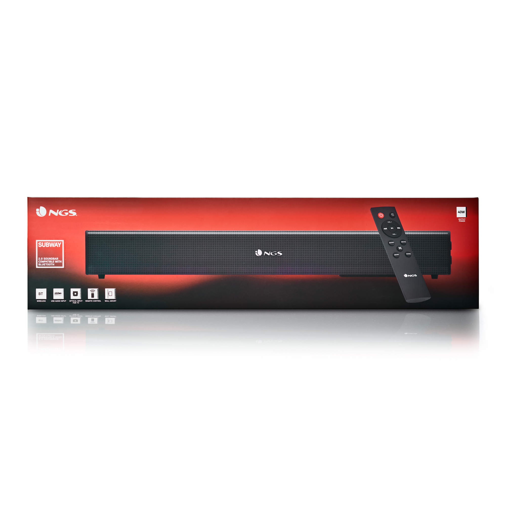 Soundbar und Fernbedienung auf weißem Hintergrund. Untertitel und NGS-Text sind sichtbar.