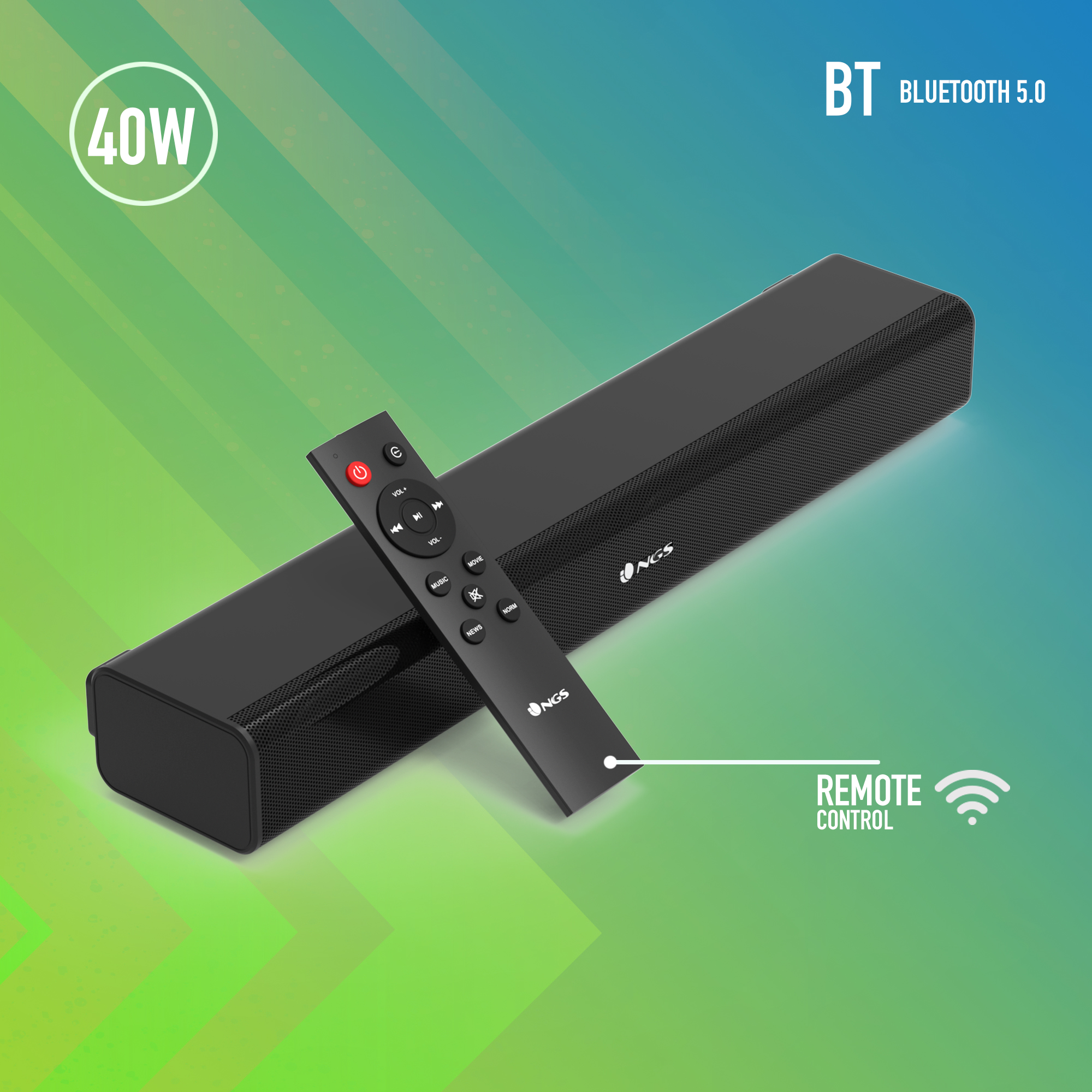 Eine schwarze Soundbar, eine Fernbedienung und Text mit der Aufschrift '40W' und 'Bluetooth 5.0' auf einem Gradienten.