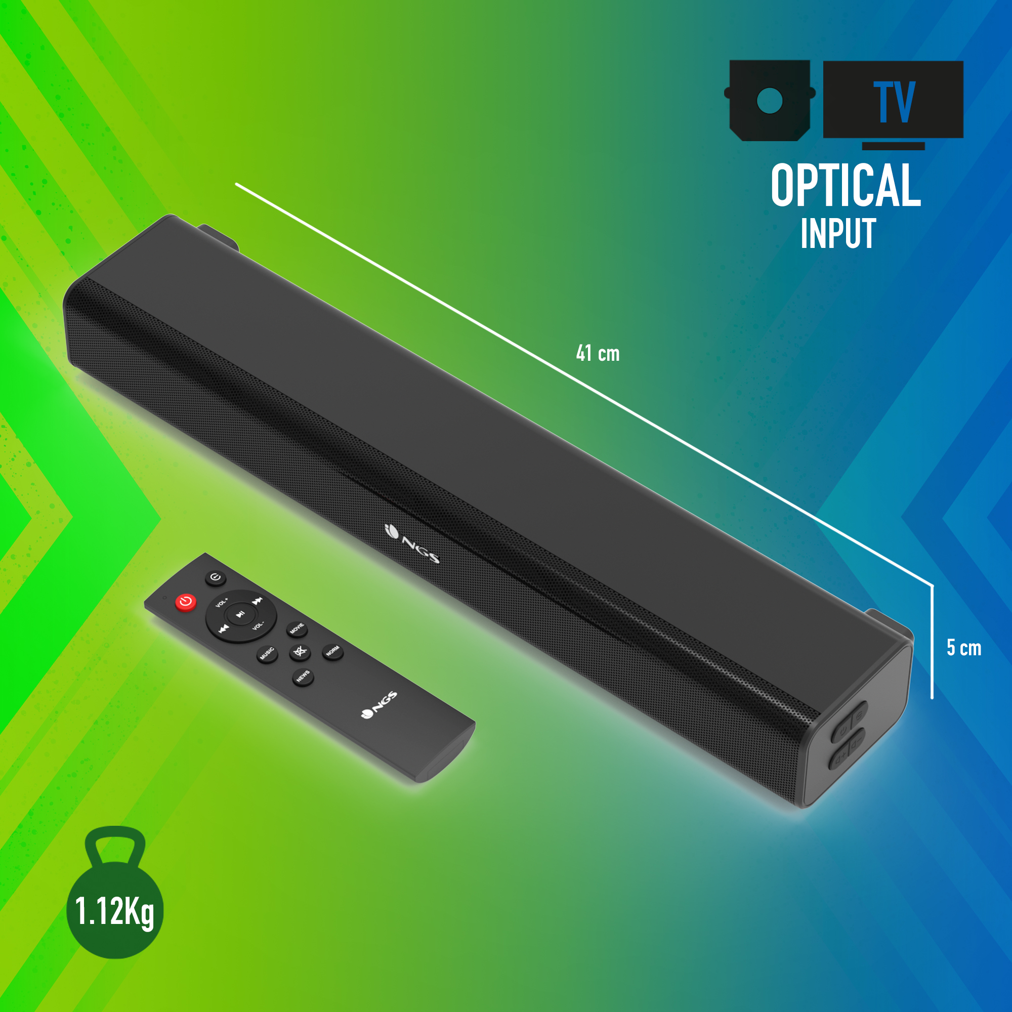 Schwarze Soundbar mit Fernbedienung. Sie hat ein Maßetikett.