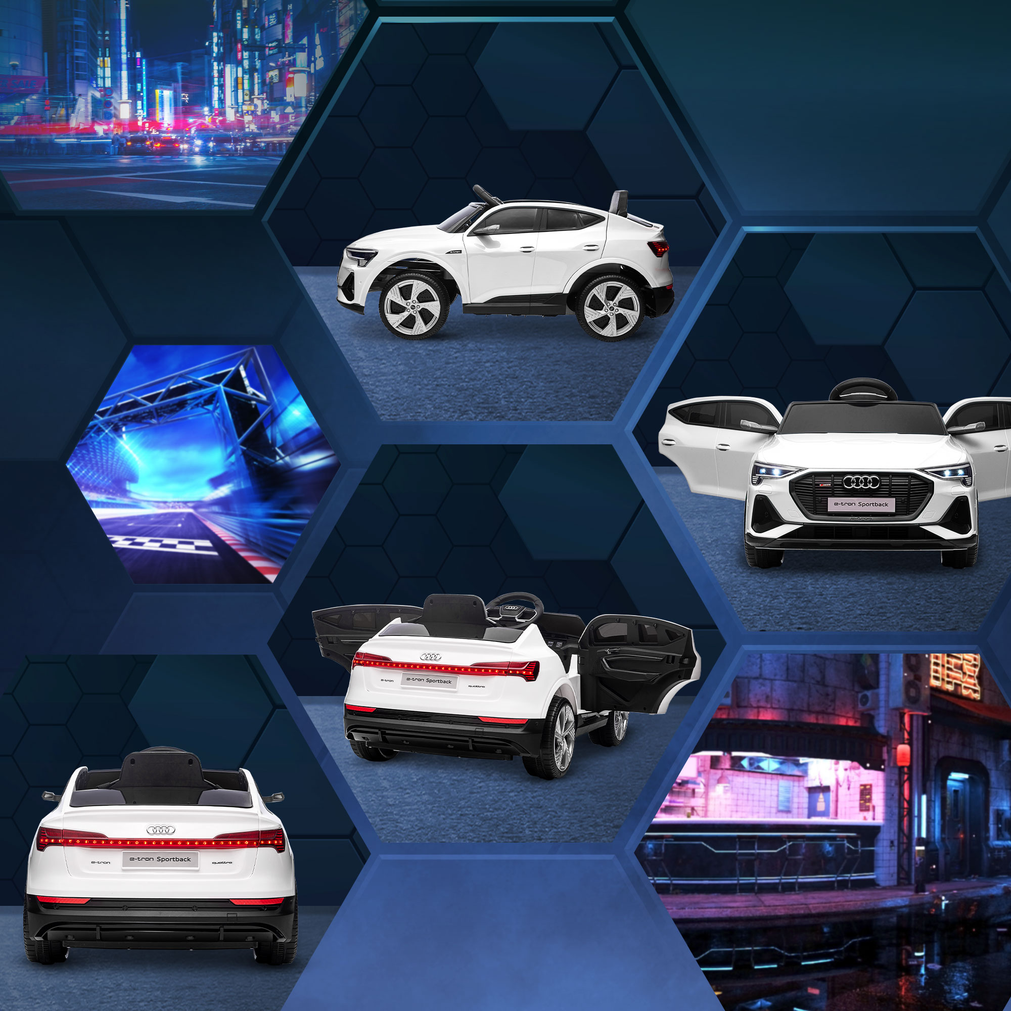 Collage di immagini di auto Audi giocattolo bianche in diversi contesti. Include paesaggi urbani e circuiti.