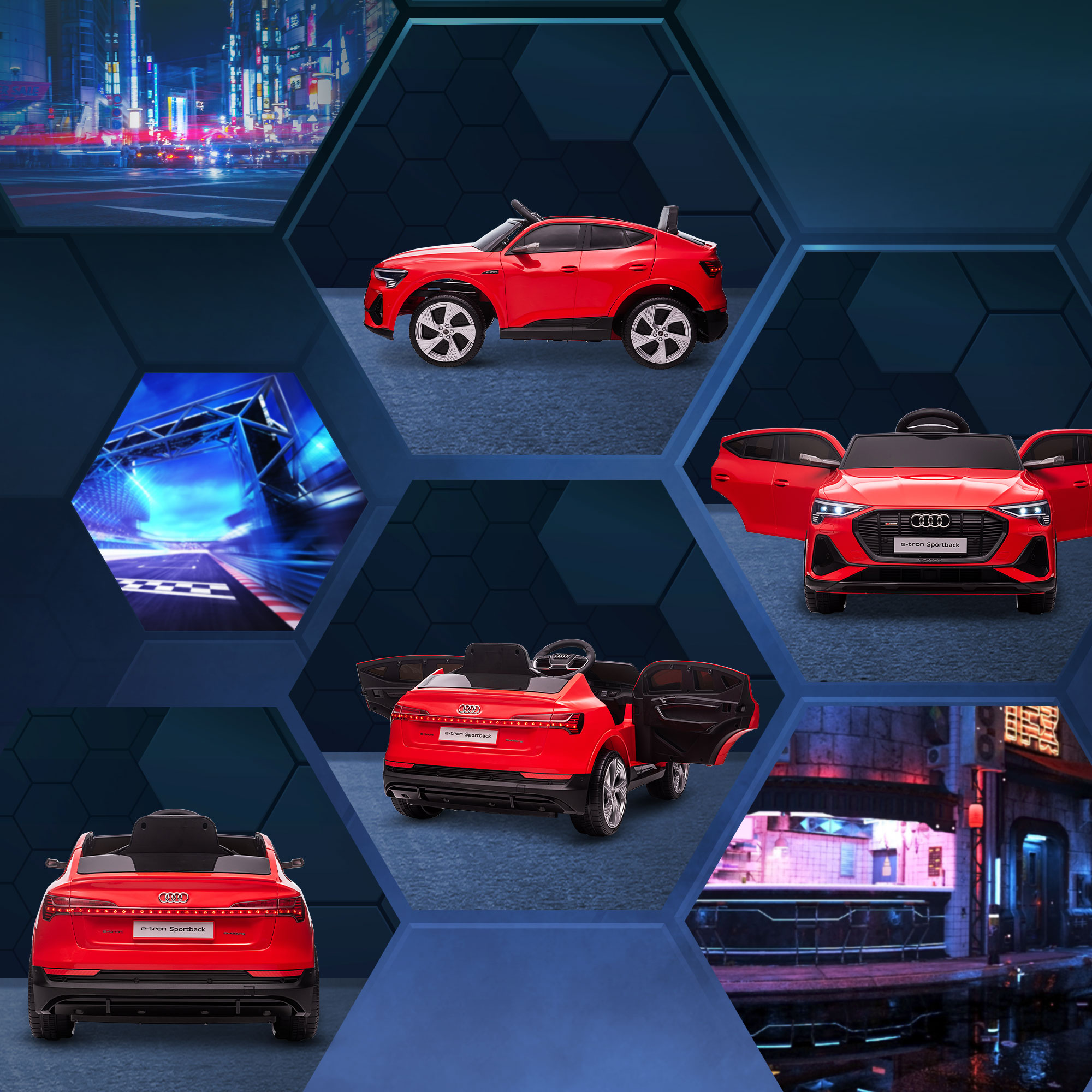 Collage di un'auto giocattolo rossa in diverse viste, con sfondi di città e pista.