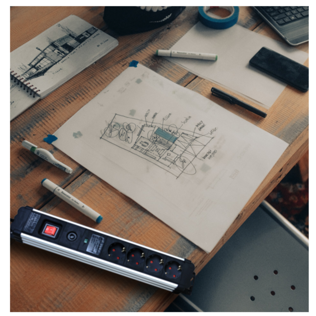 Drewniane biurko z papierami, markerami, taśmą i listwą zasilającą. Widok z góry.