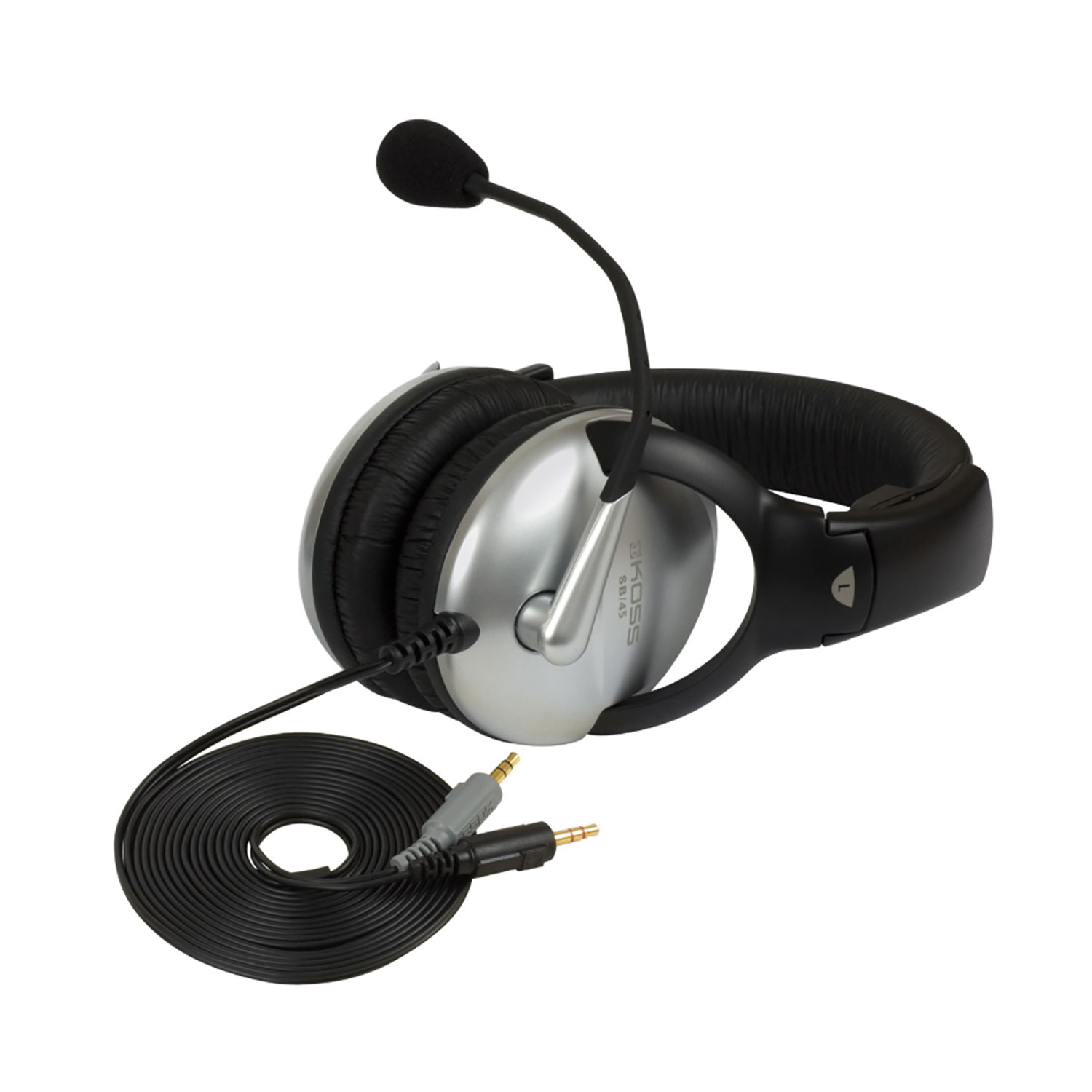 Auriculares con micrófono sobre un fondo blanco.