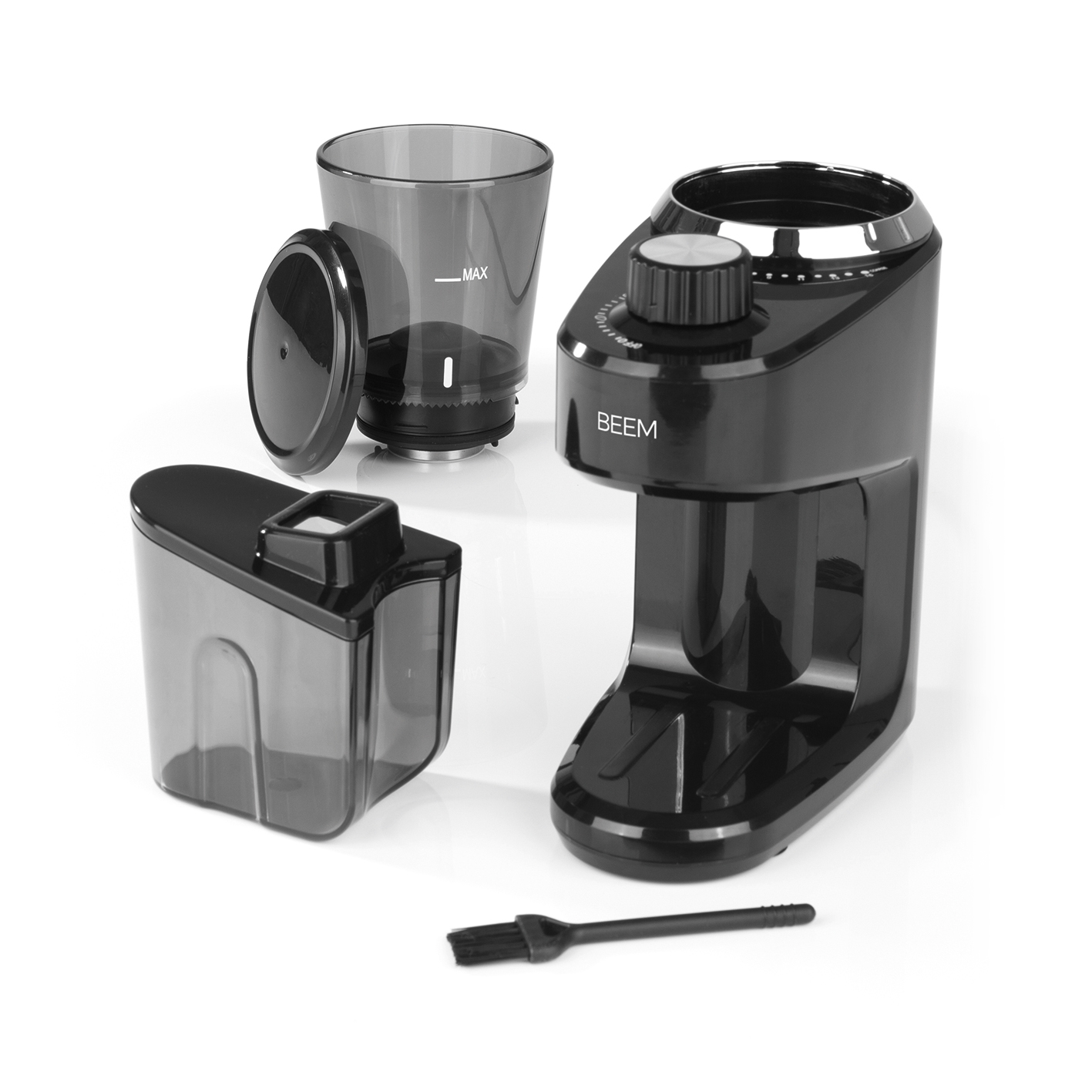 Schwarze Kaffeemühle mit Behältern. Die Mühle hat einen Knopf und die Marke BEEM ist sichtbar.