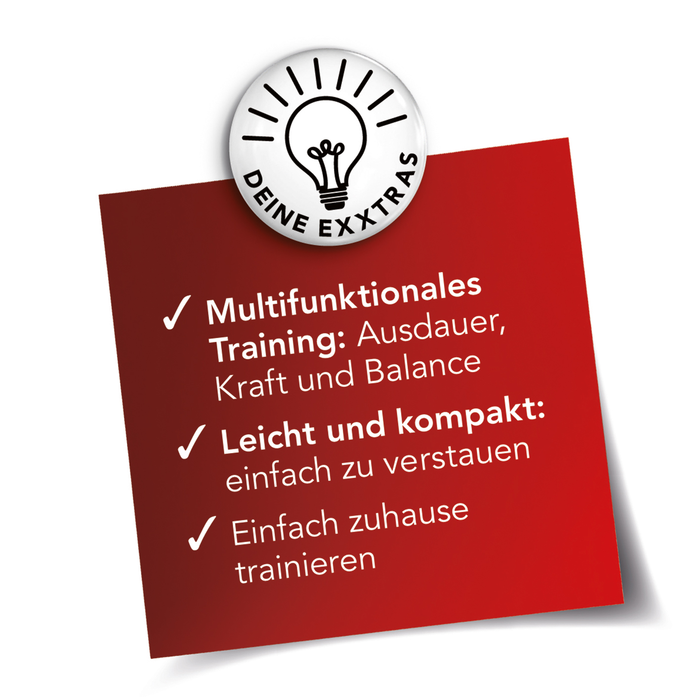 Rote Haftnotiz mit Text: Multifunktionales Training, leicht und zu Hause trainieren.