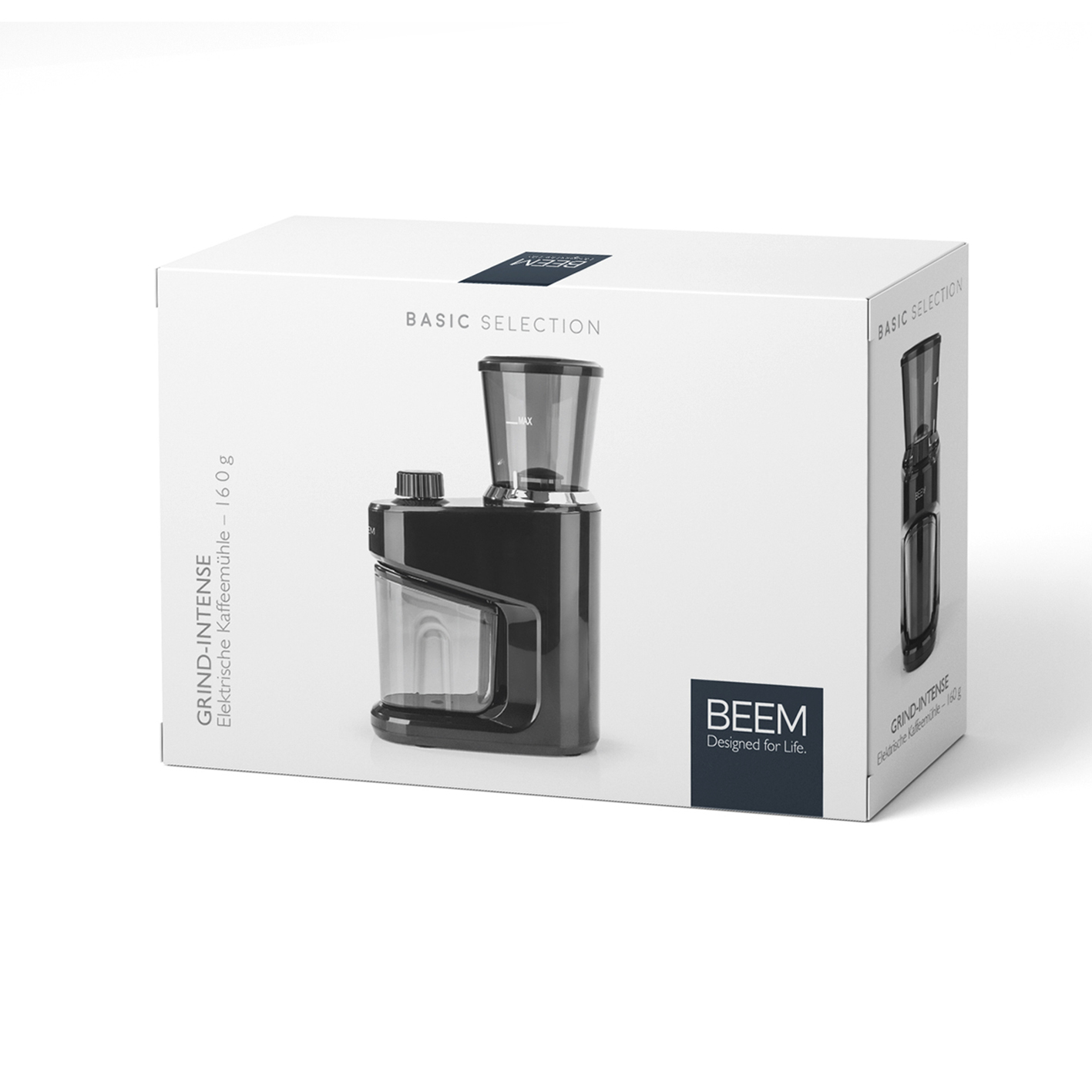 Eine weiße Box mit einer schwarzen Kaffeemühle darin. Sie hat Text mit 'BEEM' und 'GRIND INTENSE'.