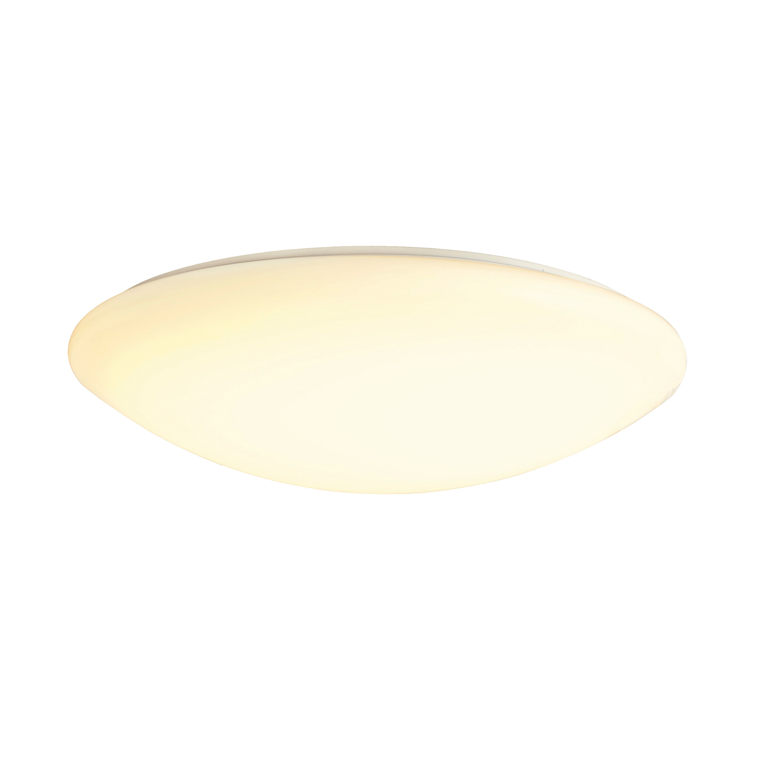 Eine ovale, weiße Deckenleuchte. Das Licht strahlt ein warmes, gelbes Leuchten aus.