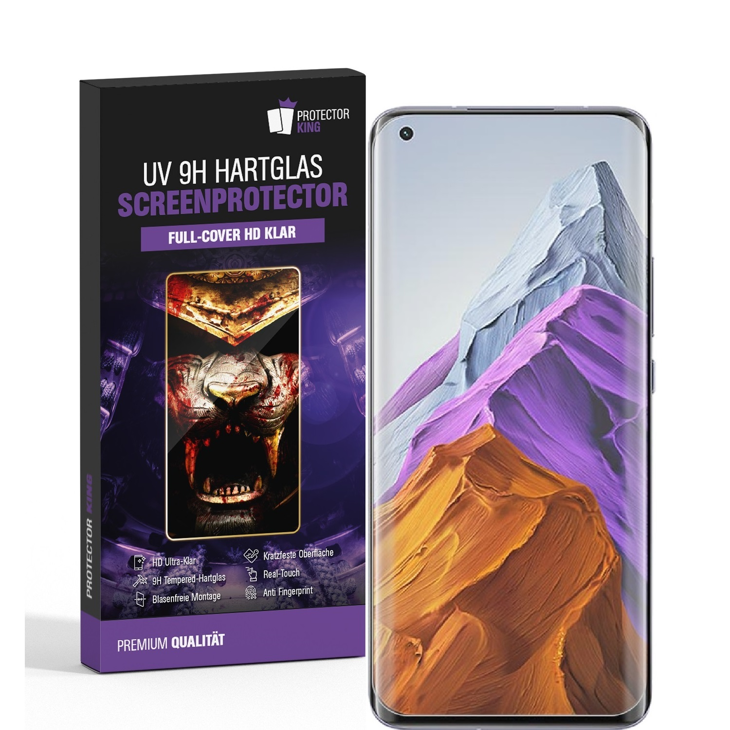 Displayschutzfolienbox und Telefon mit Tigerbild. Das Telefon hat ein Landschaftsbild.
