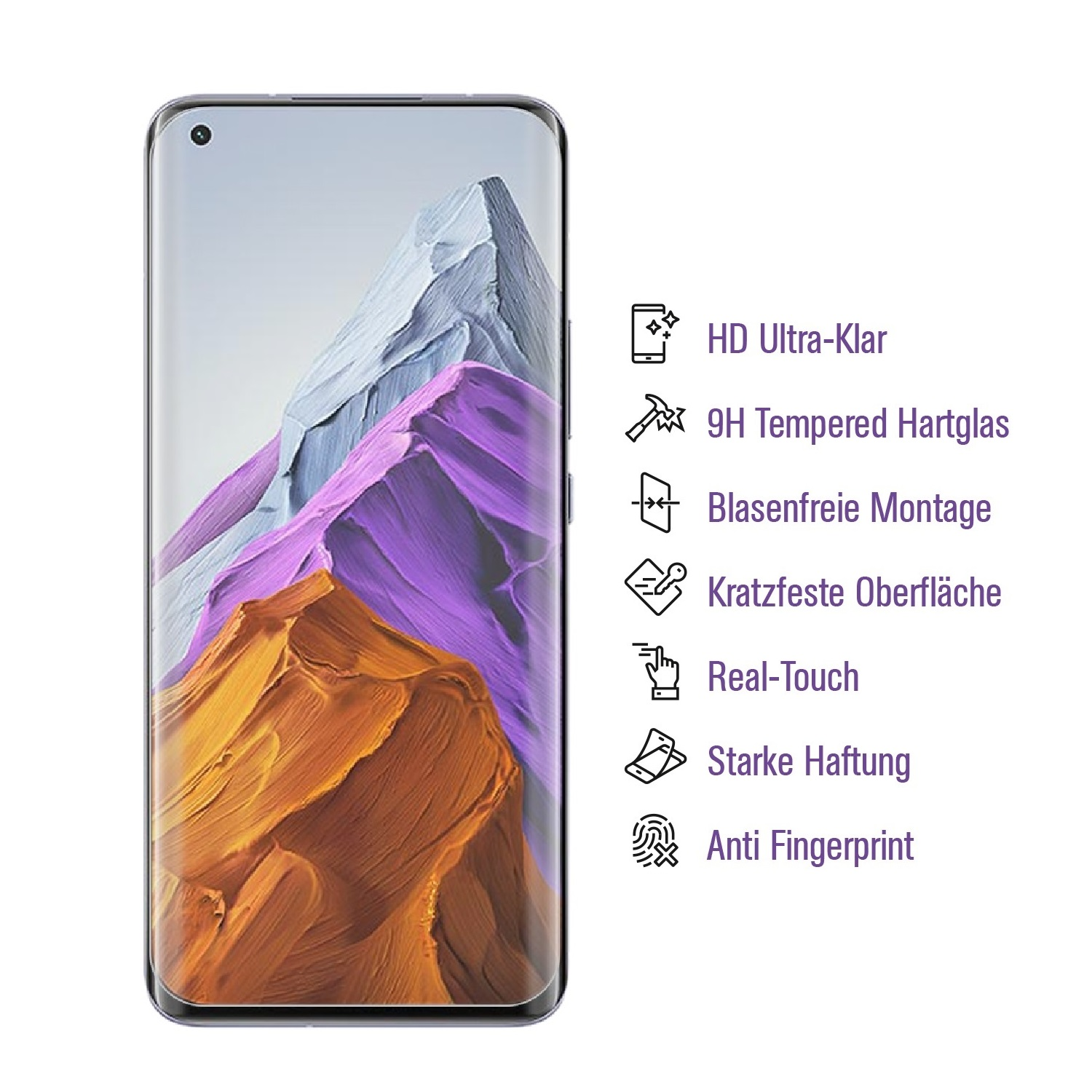 Smartphone-Bildschirm mit farbenfroher abstrakter Kunst, umgeben von Symbolen für Funktionen wie HD, kratzfest.