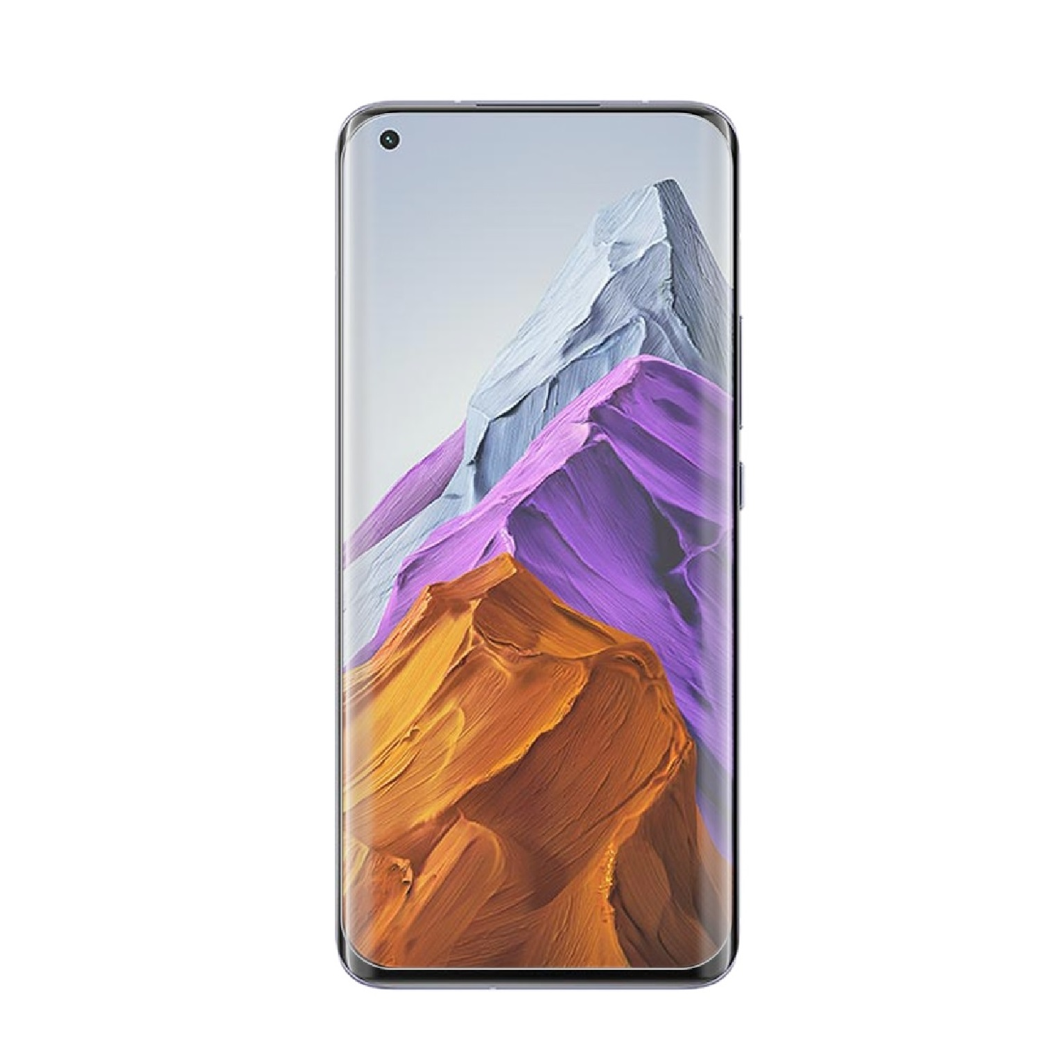 Smartphone mit Hintergrundbild mit Bergmotiv. Orange, lila und blaue Farben. Der Bildschirm ist an.
