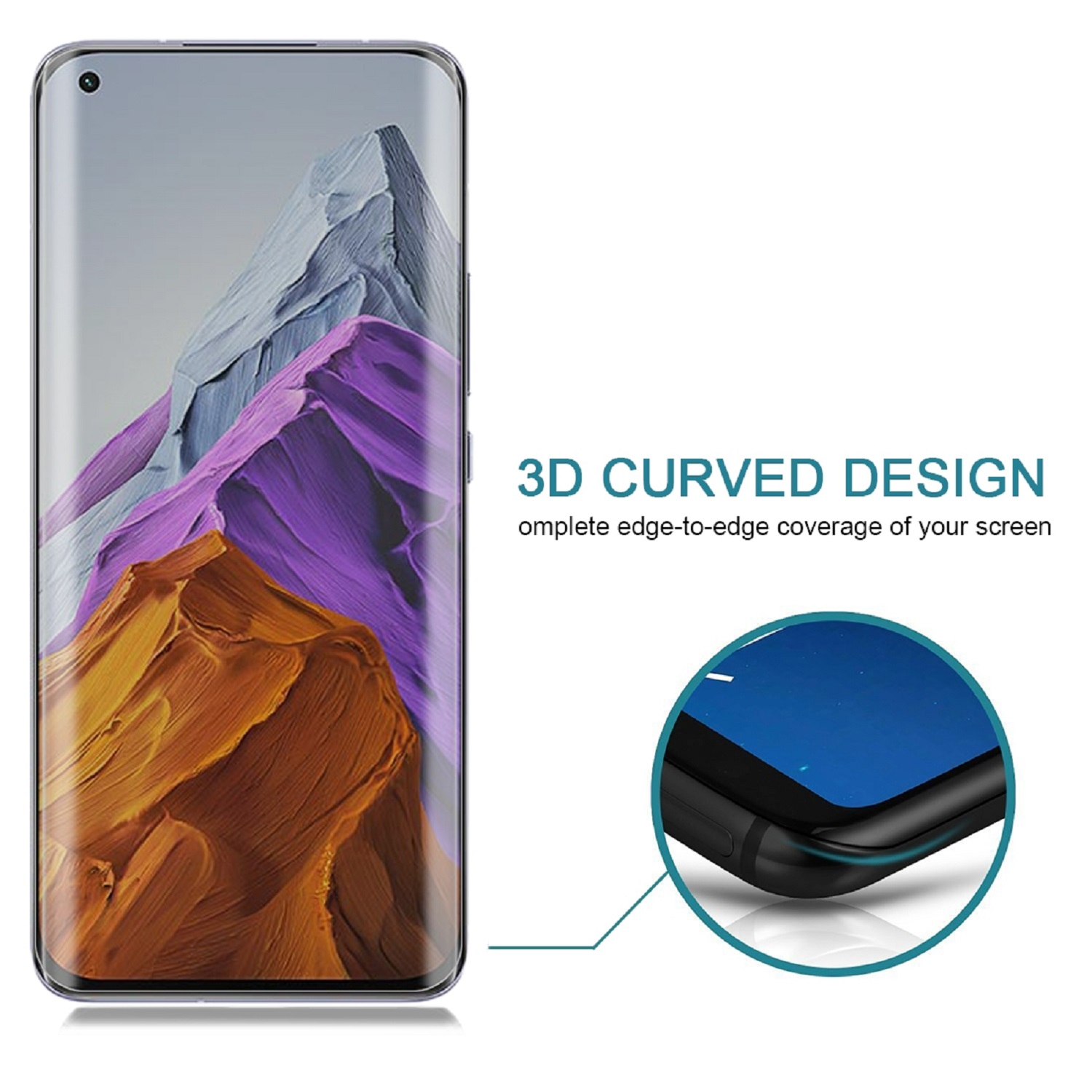 Smartphone mit gebogenem Bildschirm. Auf dem Bildschirm ist ein Berg, Text: '3D CURVED DESIGN'.