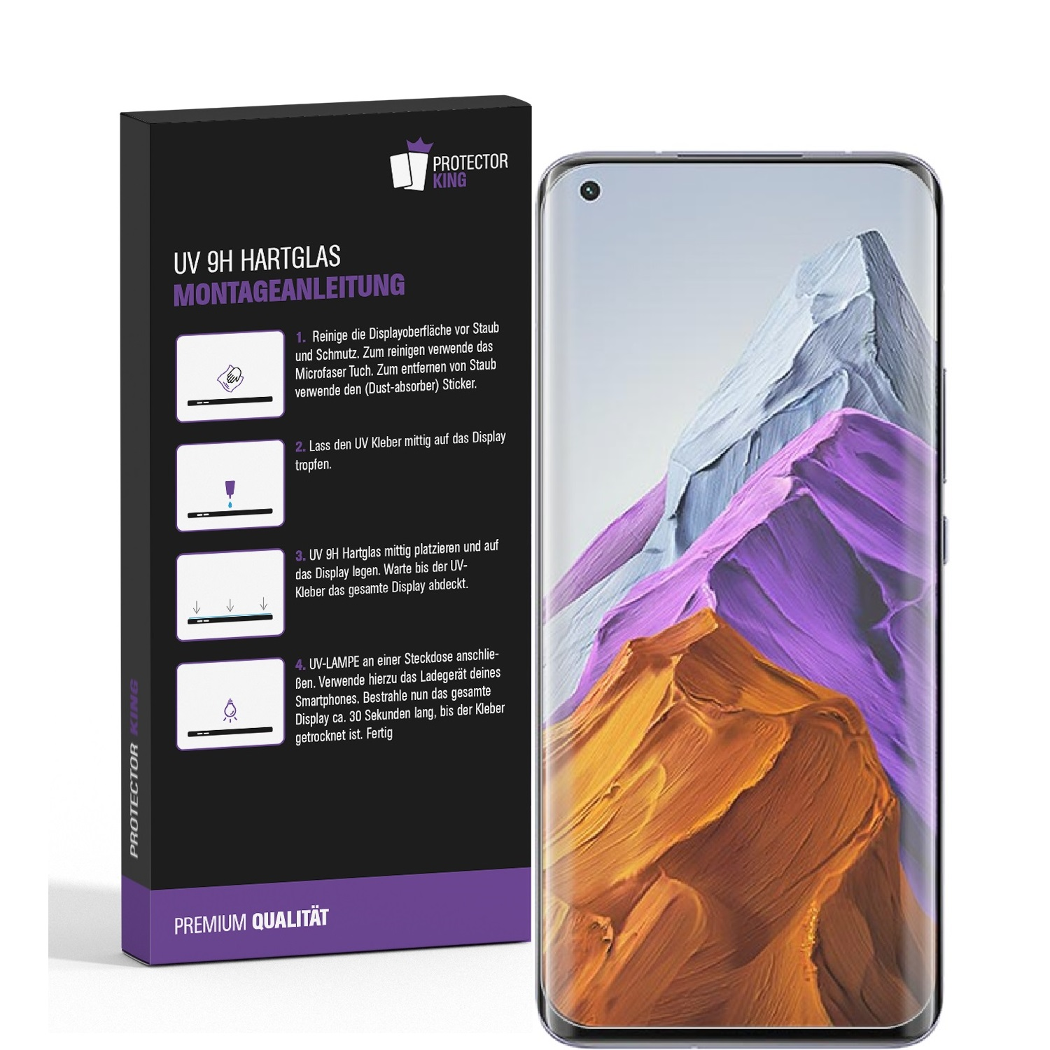 Telefon neben einer Verpackung mit Anweisungen zum Anbringen eines Displayschutzes.