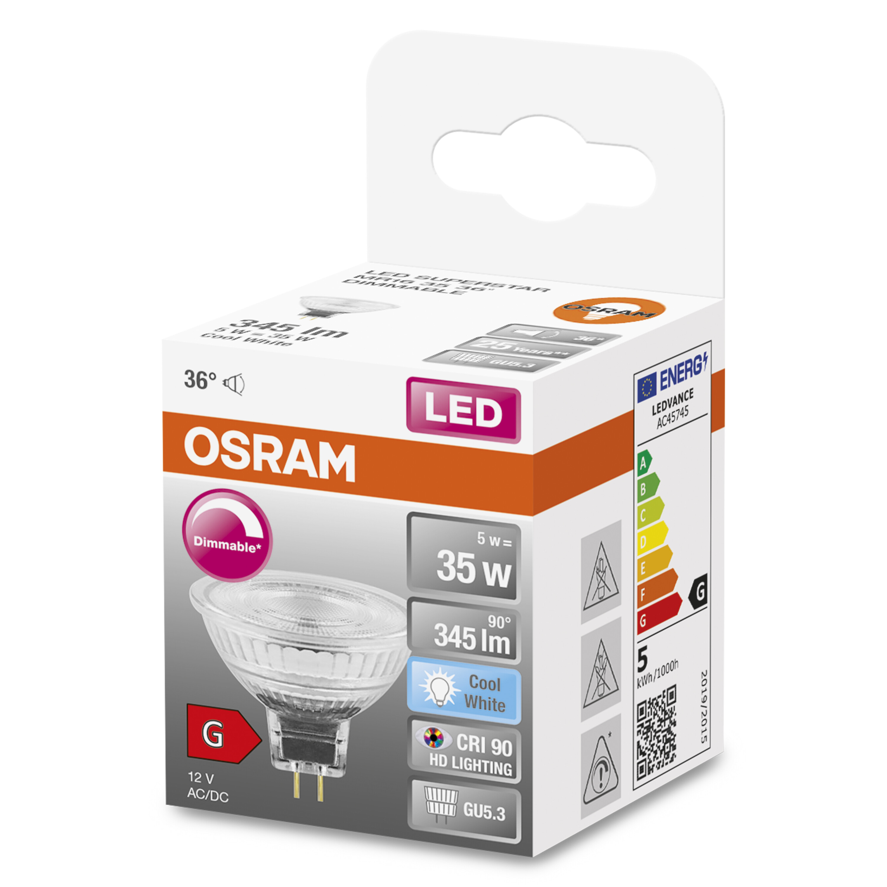 Box mit LED-Glühbirne, weiß und orange. Zeigt Energieeffizienzdetails an.