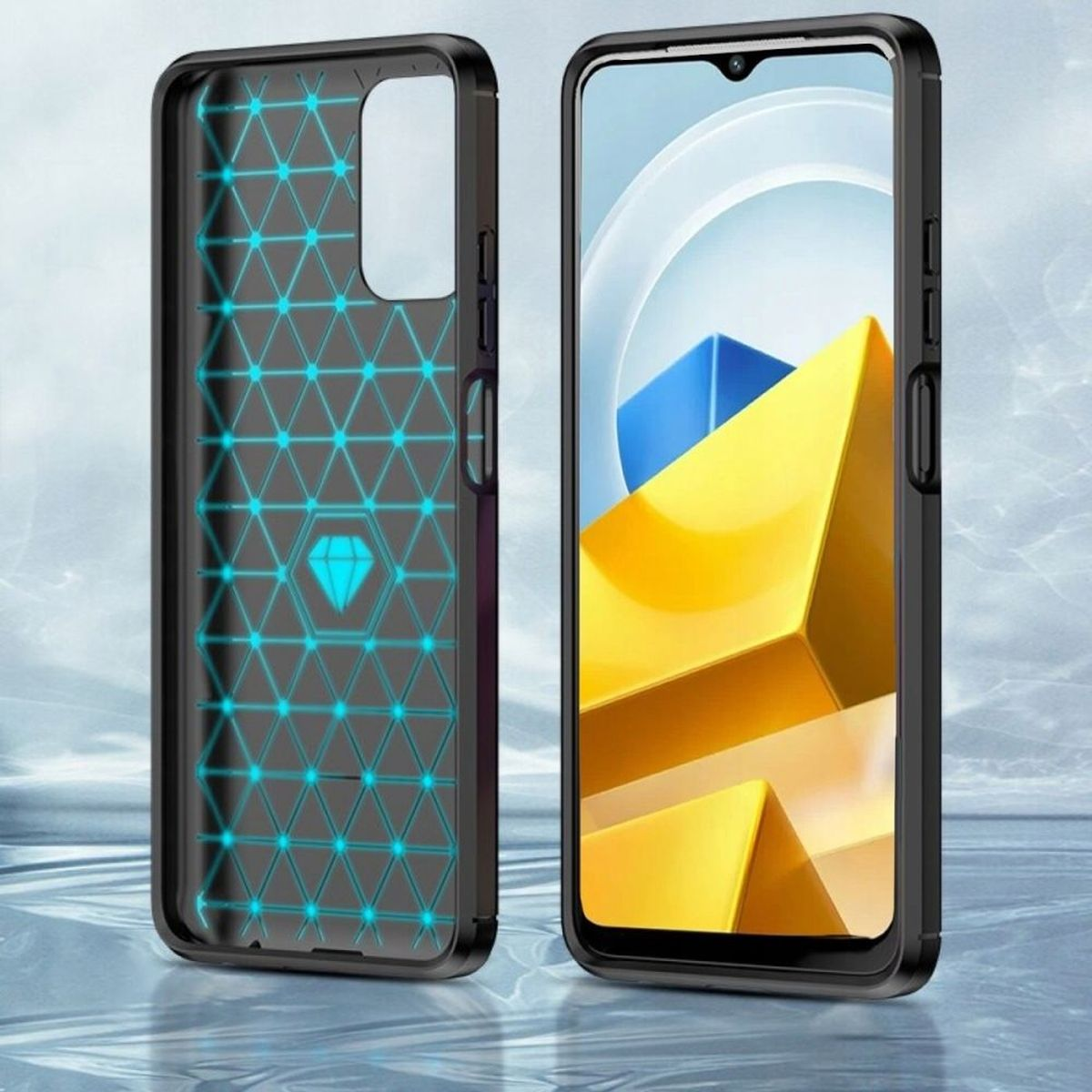 Telefon mit Hülle, Hülle offen und geschlossen. Schwarze Hülle mit blauem Muster und Telefon.