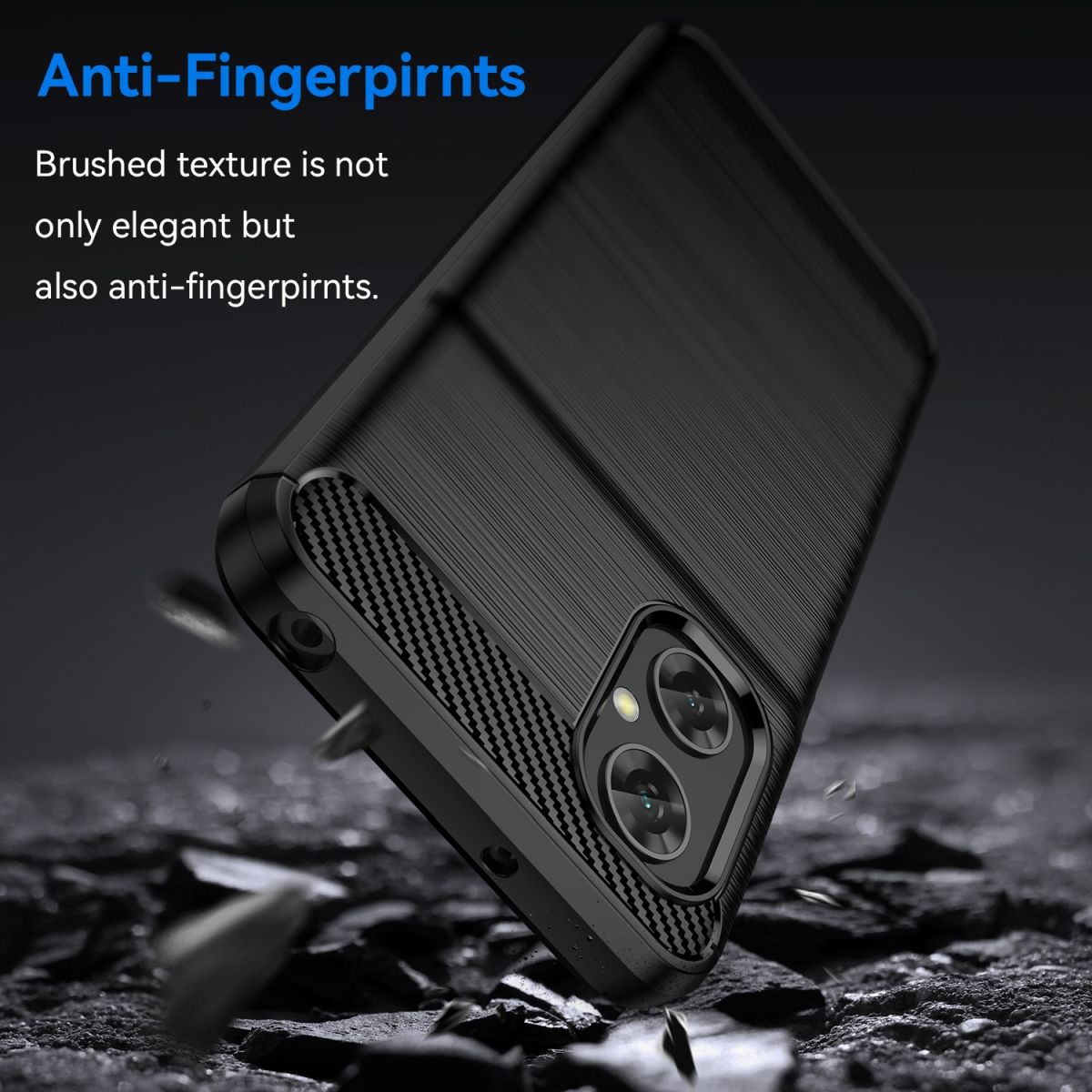 Schwarze Handyhülle mit gebürsteter Textur. Zeigt Telefonkameras und Anti-Fingerprint-Text.