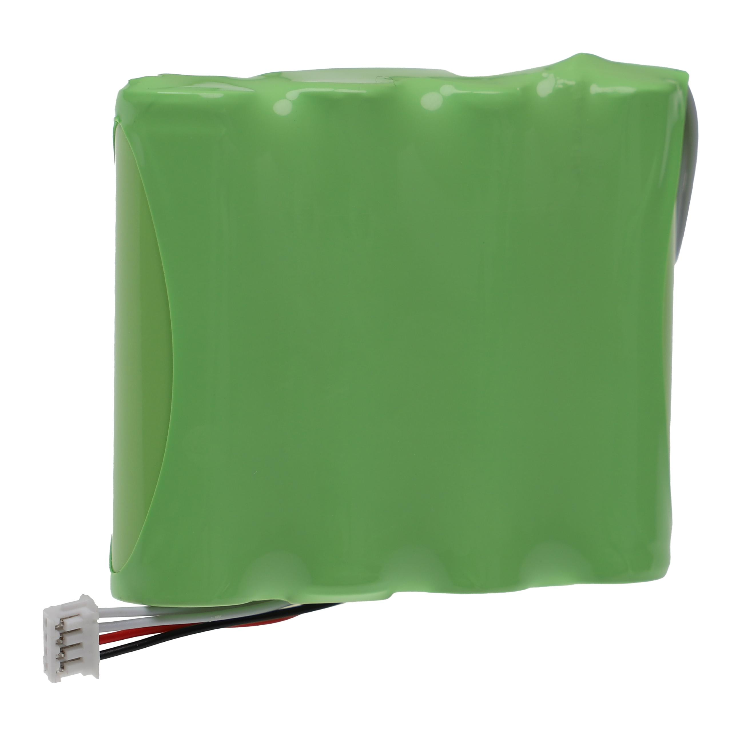 Grünes Batteriepack mit weißem Stecker und Drähten. Der Akku ist in grünen Kunststoff gehüllt.