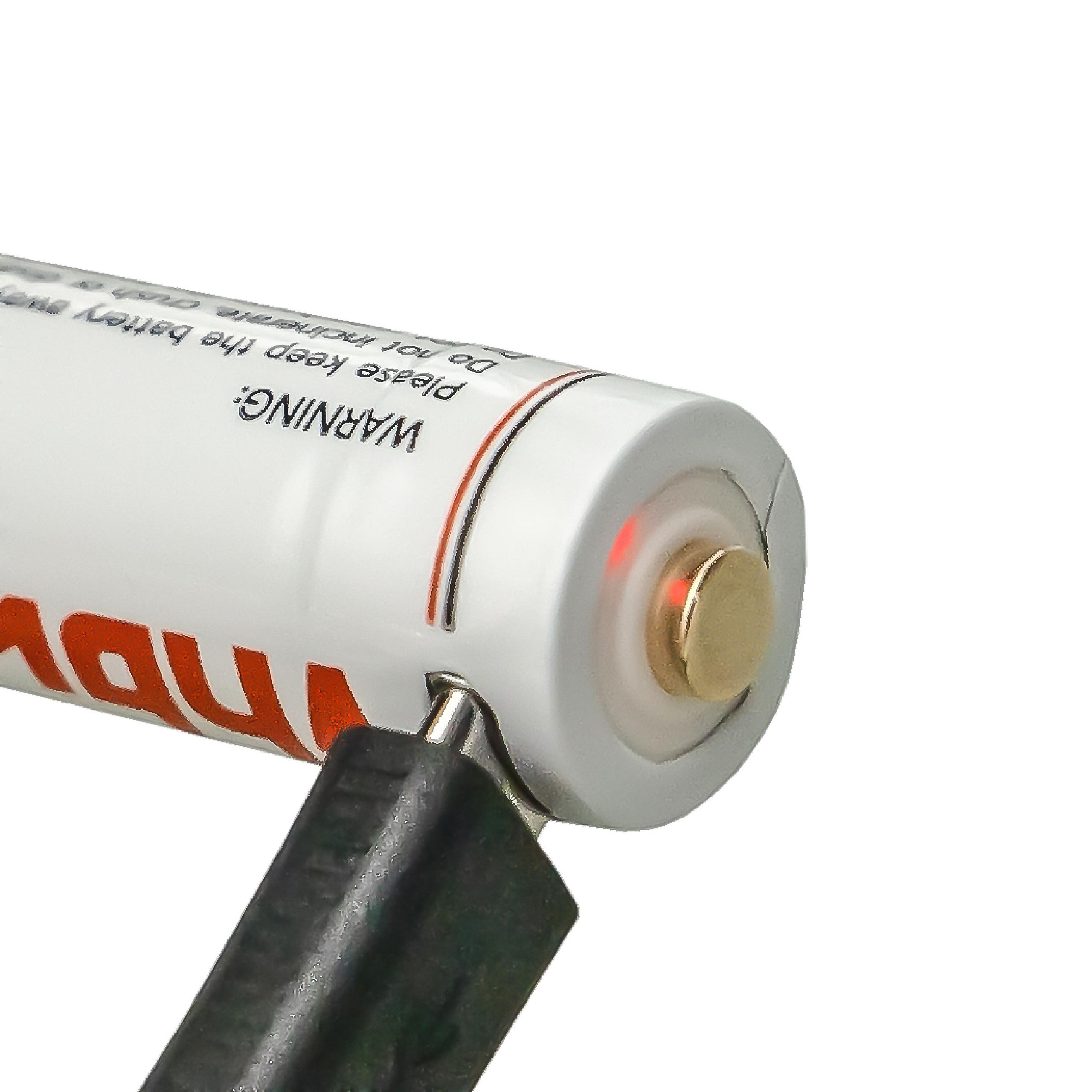 Eine weiße Batterie mit rotem Licht. Ein schwarzes Ladegerät ist angeschlossen.