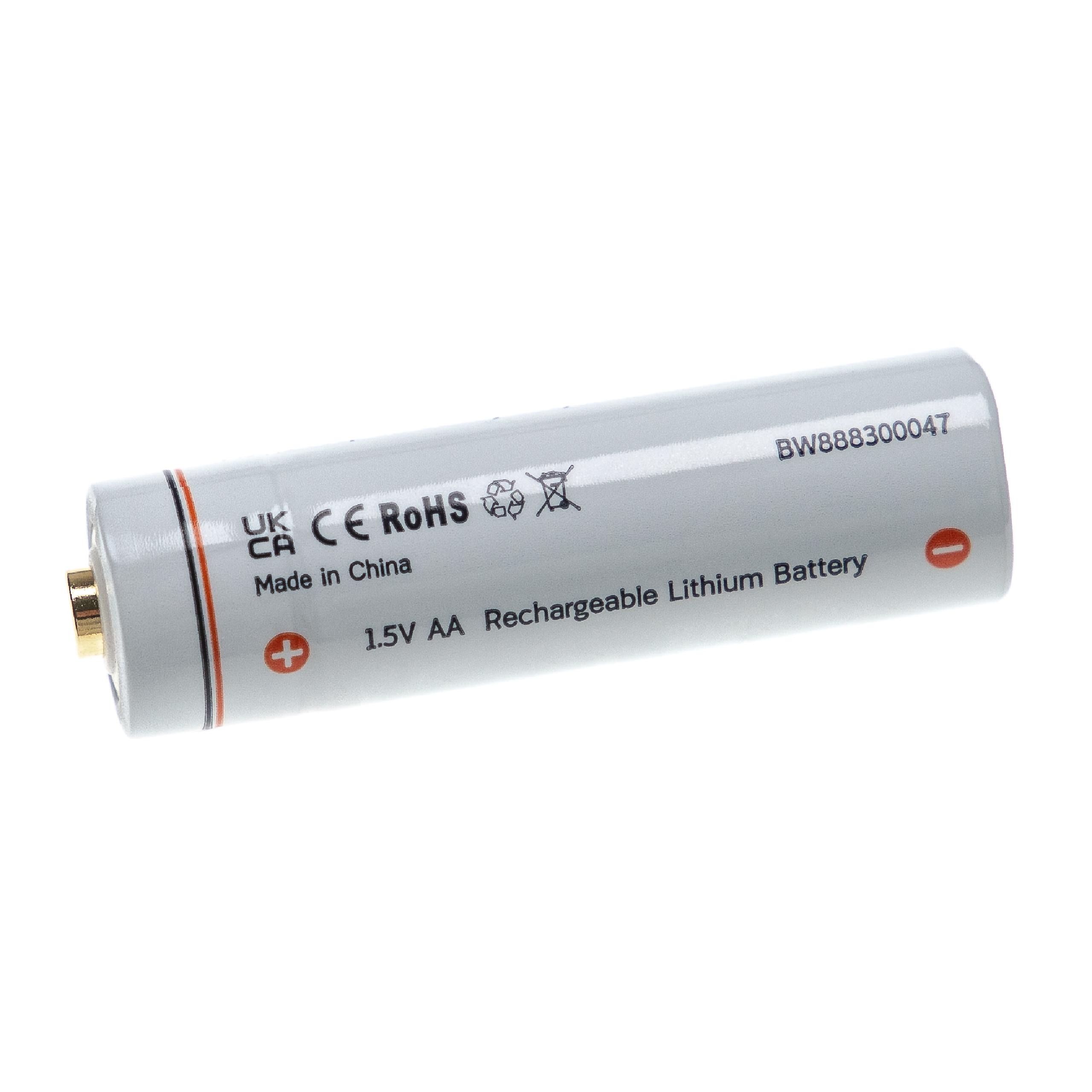 Zylindrische weiße 1,5-V-AA-Lithium-Ionen-Akku mit Plus- und Minus-Anzeigen.