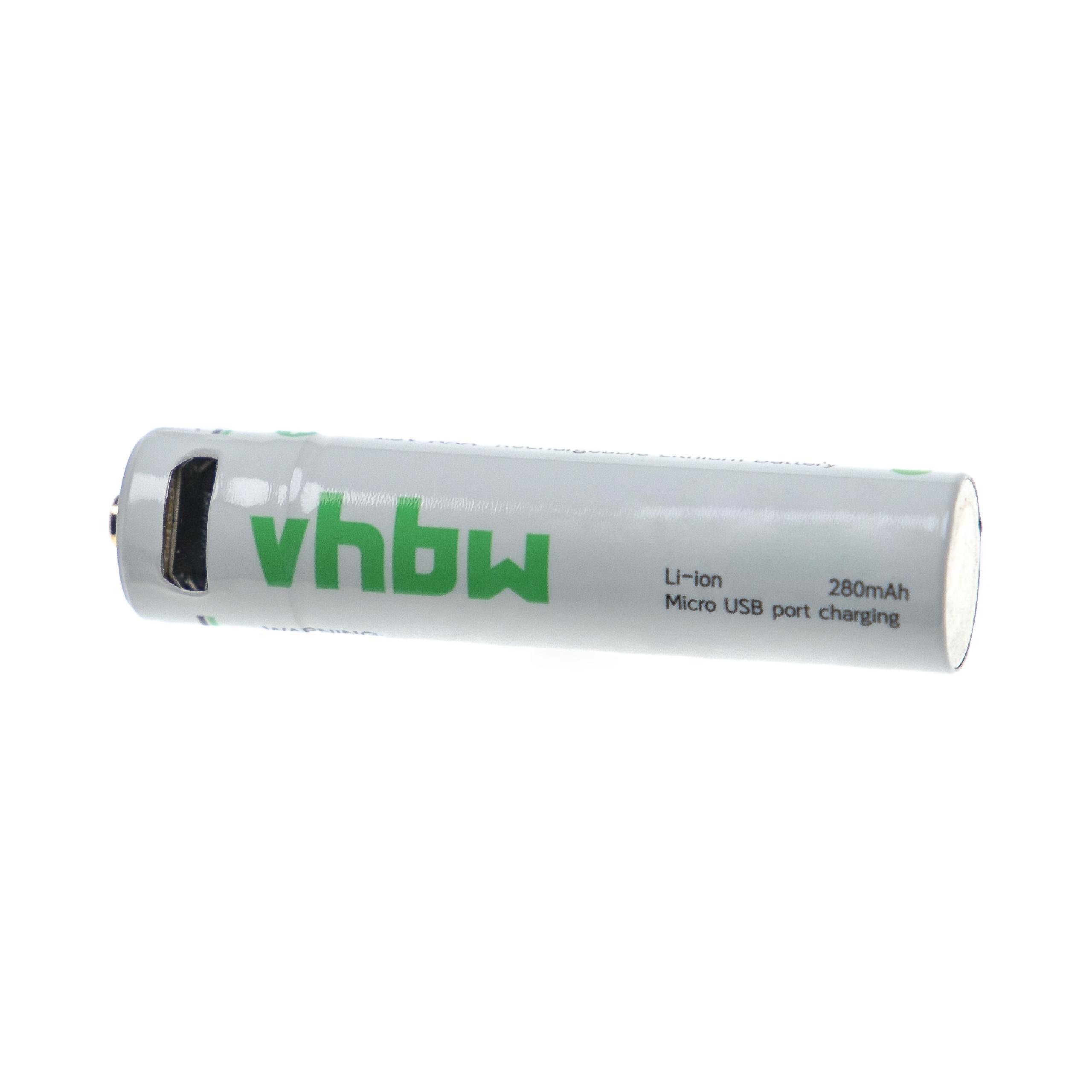 Eine weiße und graue zylindrische Batterie mit grünem Text und den Wörtern 'vhbw' und 'Li-ion'.