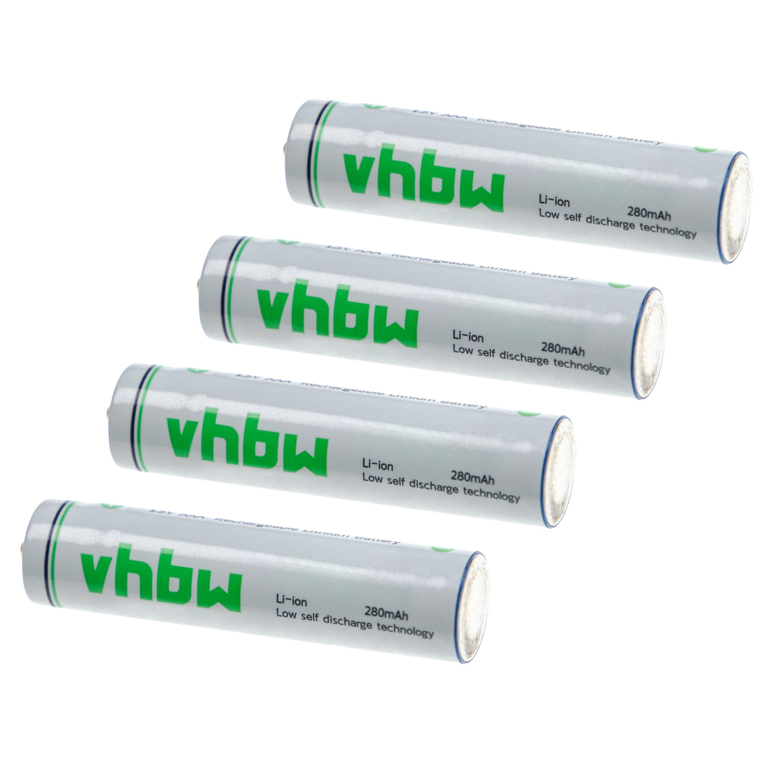 Vier graue vhbw Batterien. Weiß mit grünem Text.