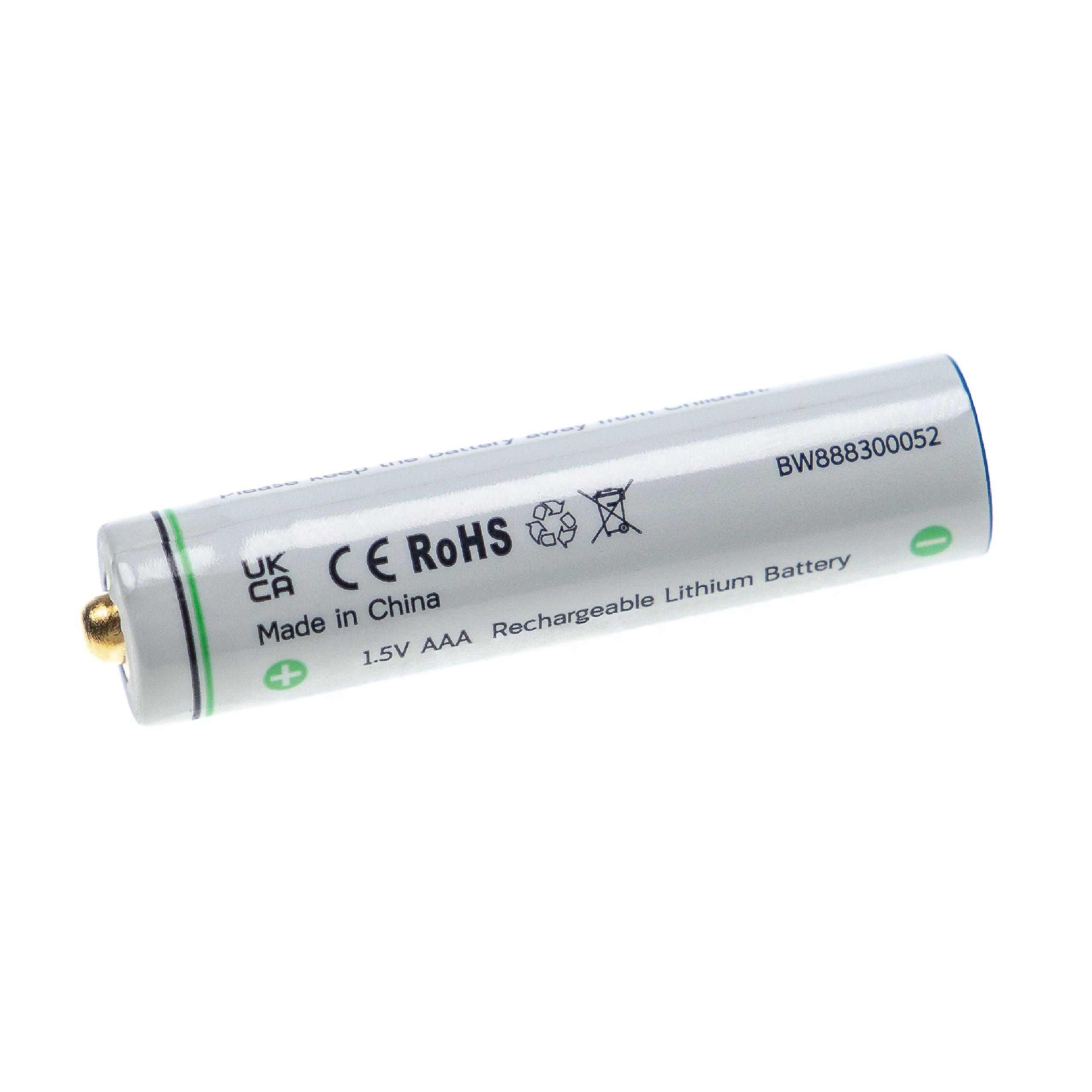 Eine weiße und graue wiederaufladbare Batterie mit grünen Markierungen und einer Goldspitze.