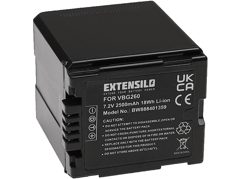 EXTENSILO kompatibel mit Panasonic SDR-H80, SDR-H50, NV-GS90, SDR-H280, SDR-H90, SDR-H250 Li-Ion Akku - Videokamera, 7.2 Volt, 2500