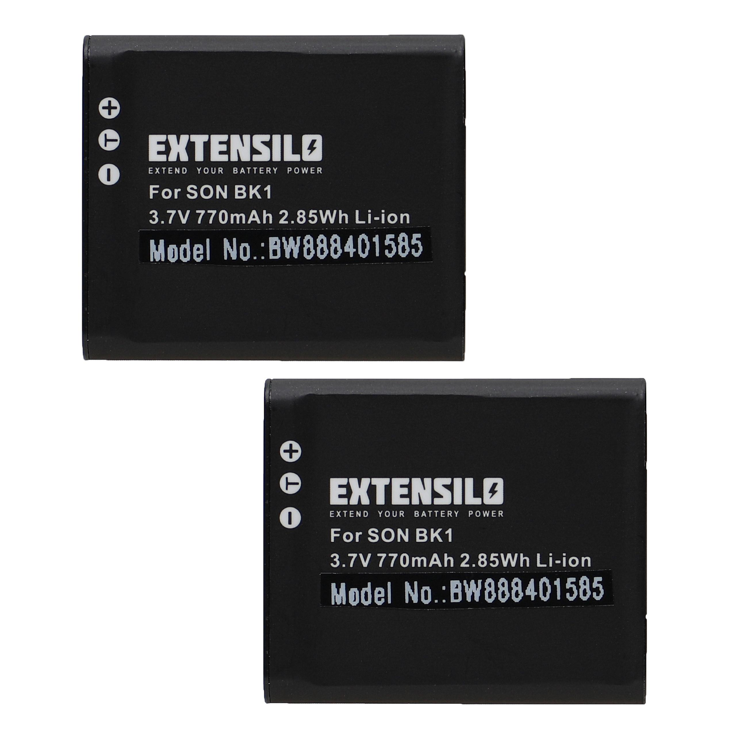 Zwei schwarze Extensilo-Akkus mit weißem Text: '3,7 V 770 mAh 2,85 Wh Li-Ion'. Modell-Nr.: BW888401585.