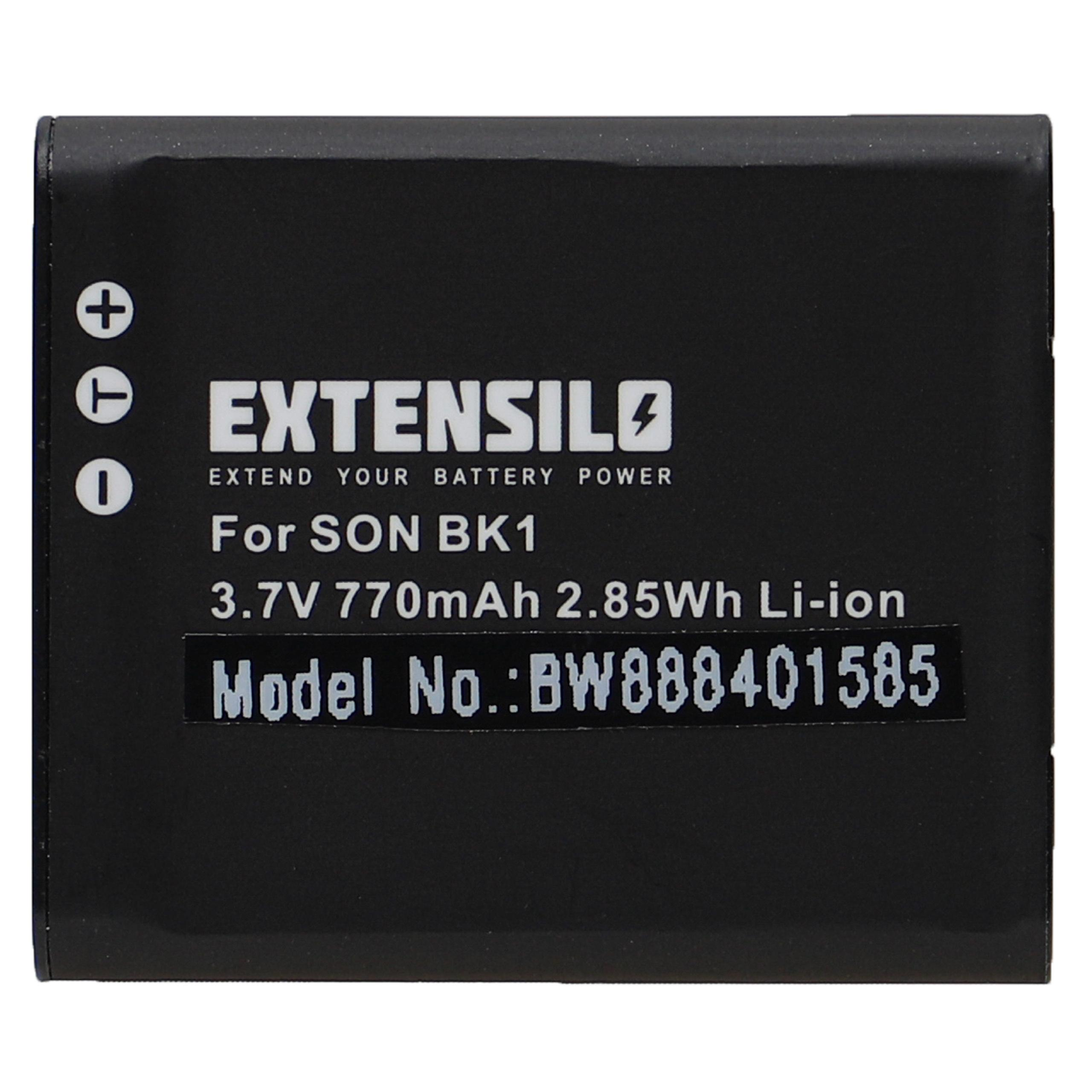 Schwarze Batterie mit weißem Text und einem Etikett. Der Text lautet 'EXTENSILO' und '3.7V 770mAh'.