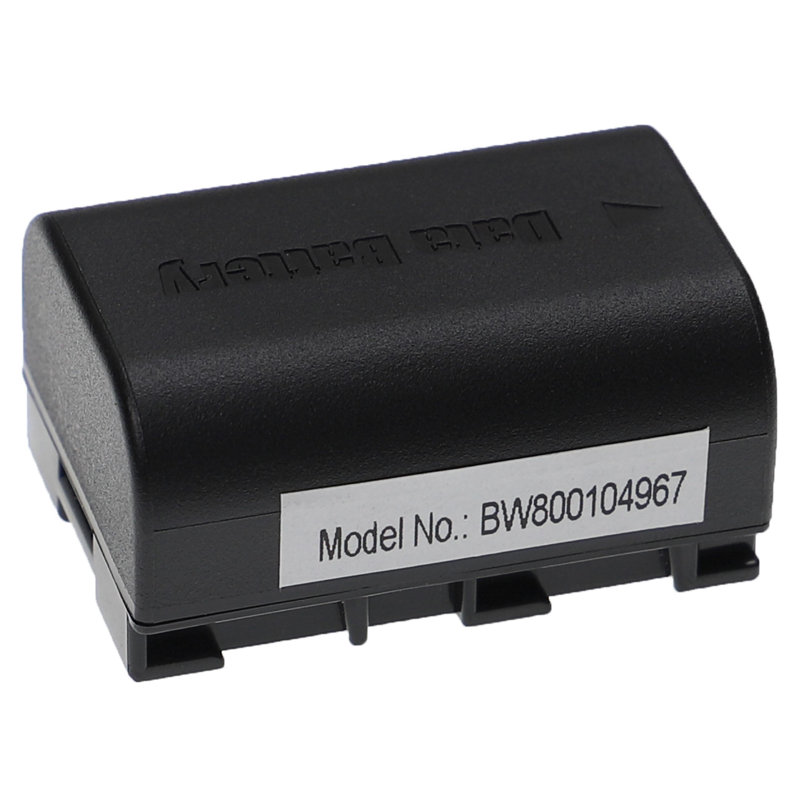Eine schwarze Batterie mit einem weißen Aufkleber, auf dem die Modellnummer aufgedruckt ist.