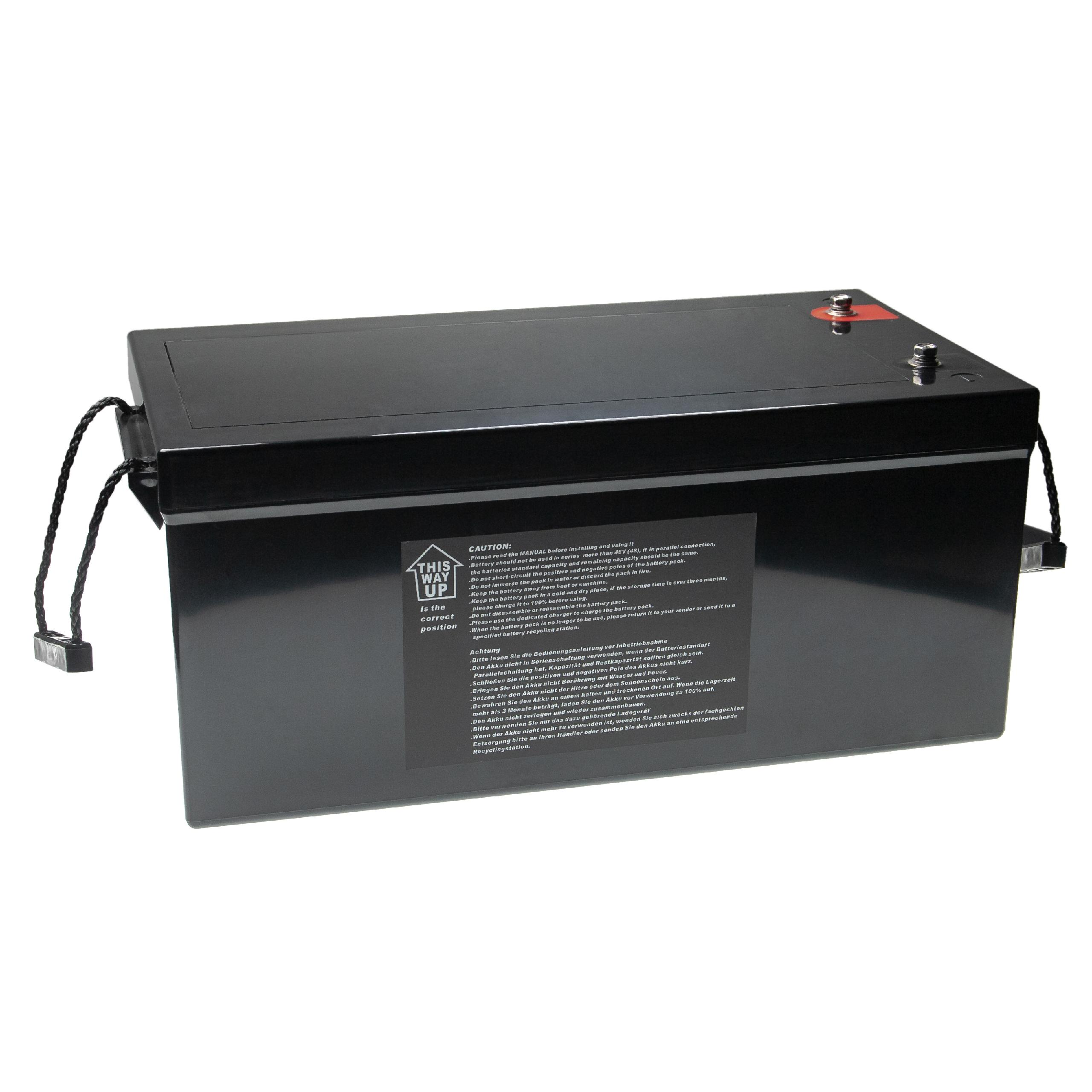Schwarze rechteckige Batterie mit Warnhinweisen an der Seite. Weißer Hintergrund.