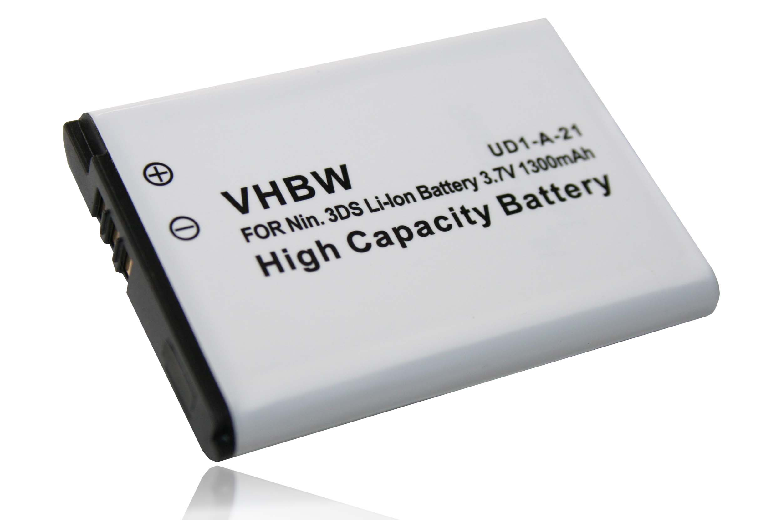 Eine weiße rechteckige Batterie mit schwarzen Akzenten und einem Etikett. Der Text ist schwarz auf weiß.