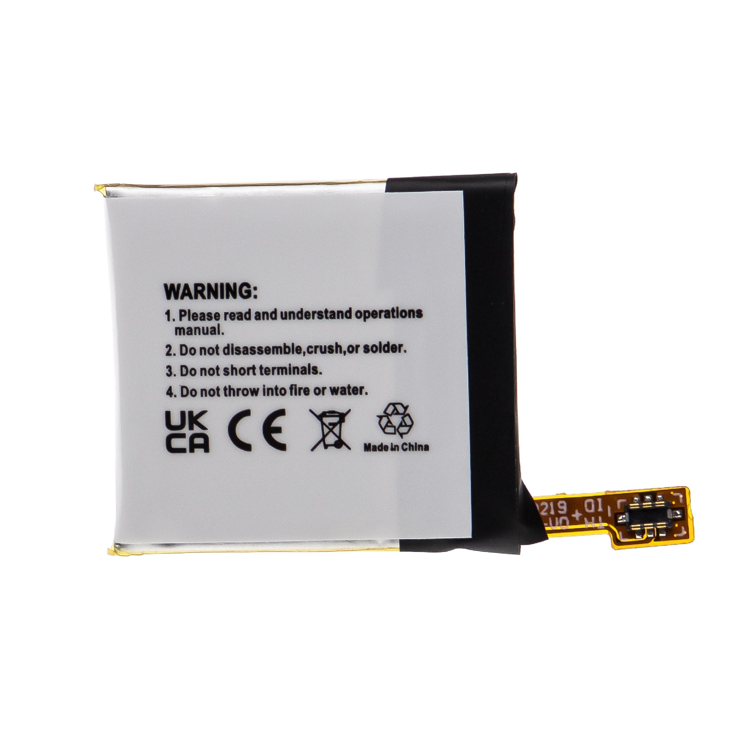 Weiße Batterie mit einem Etikett mit einer Warnung und einem Recyclingsymbol.