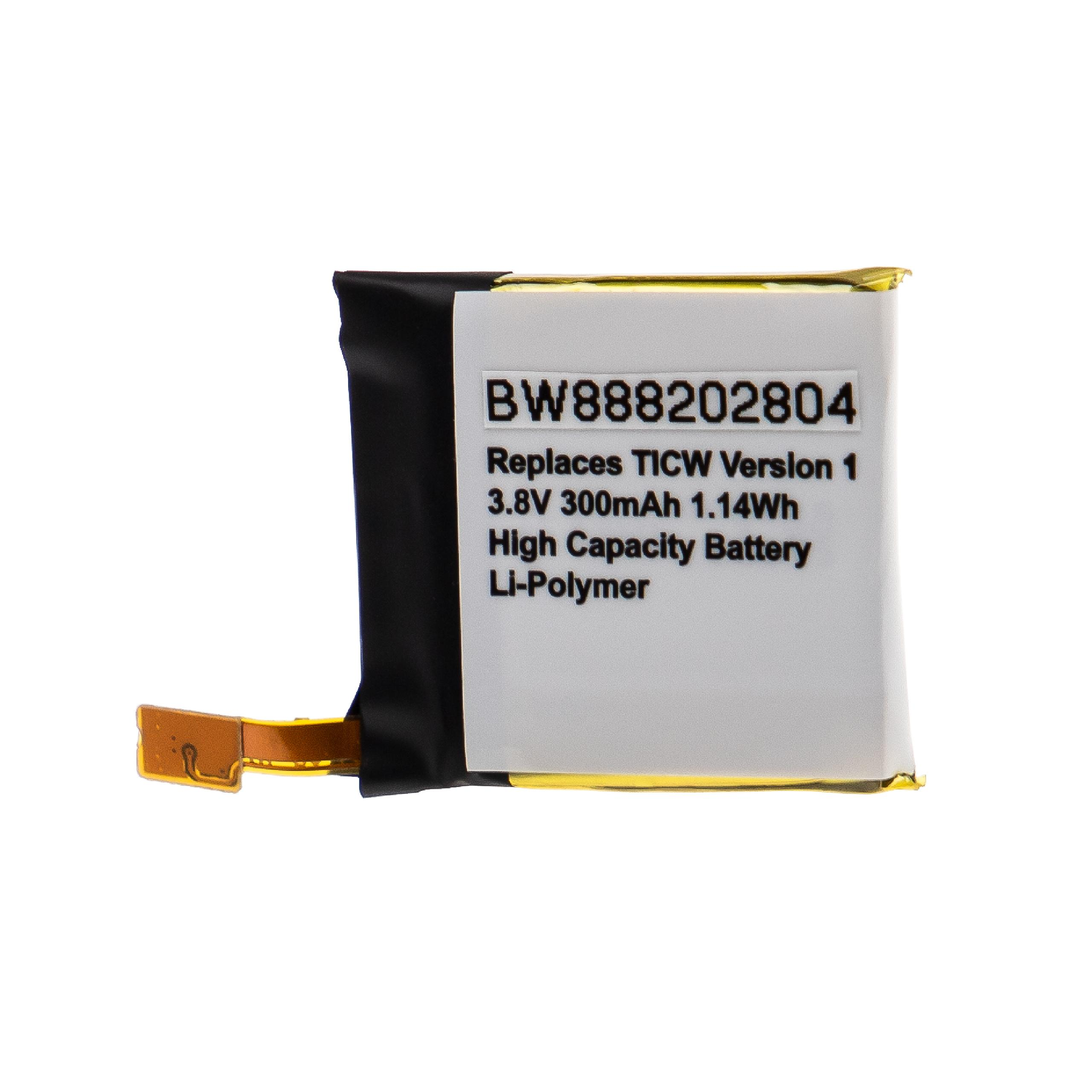 Eine weiß-schwarze Batterie mit Text: BW888202804, 3,8 V 300 mAh und weiteren Spezifikationen.