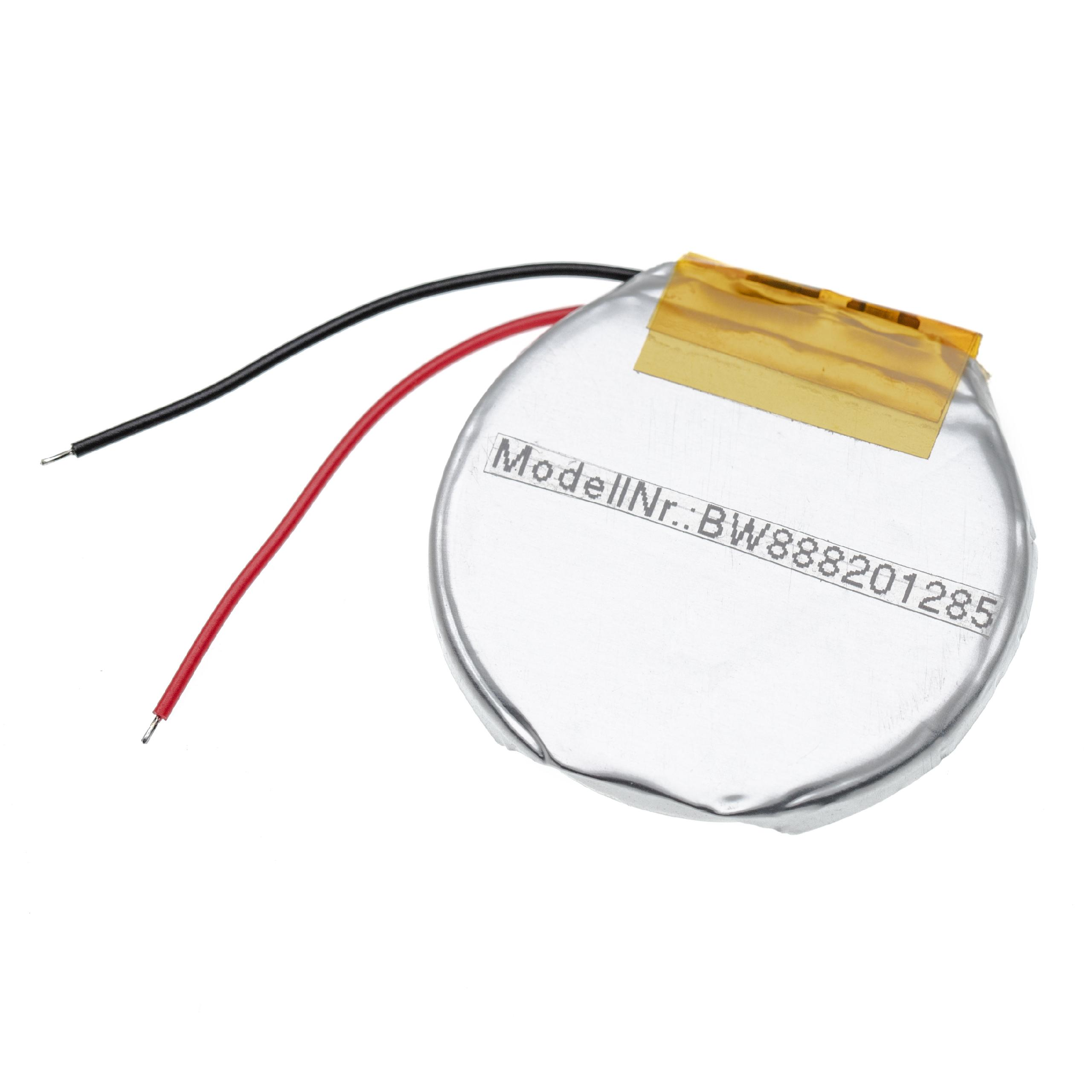 Runde Batterie mit angeschlossenen Drähten. Sie hat ein Etikett mit Informationen.
