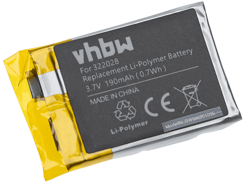 VHBW Ersatz für TomTom AHB322028, 322028 für Li-Polymer Akku - Smartwatch, 3.7 Volt, 190