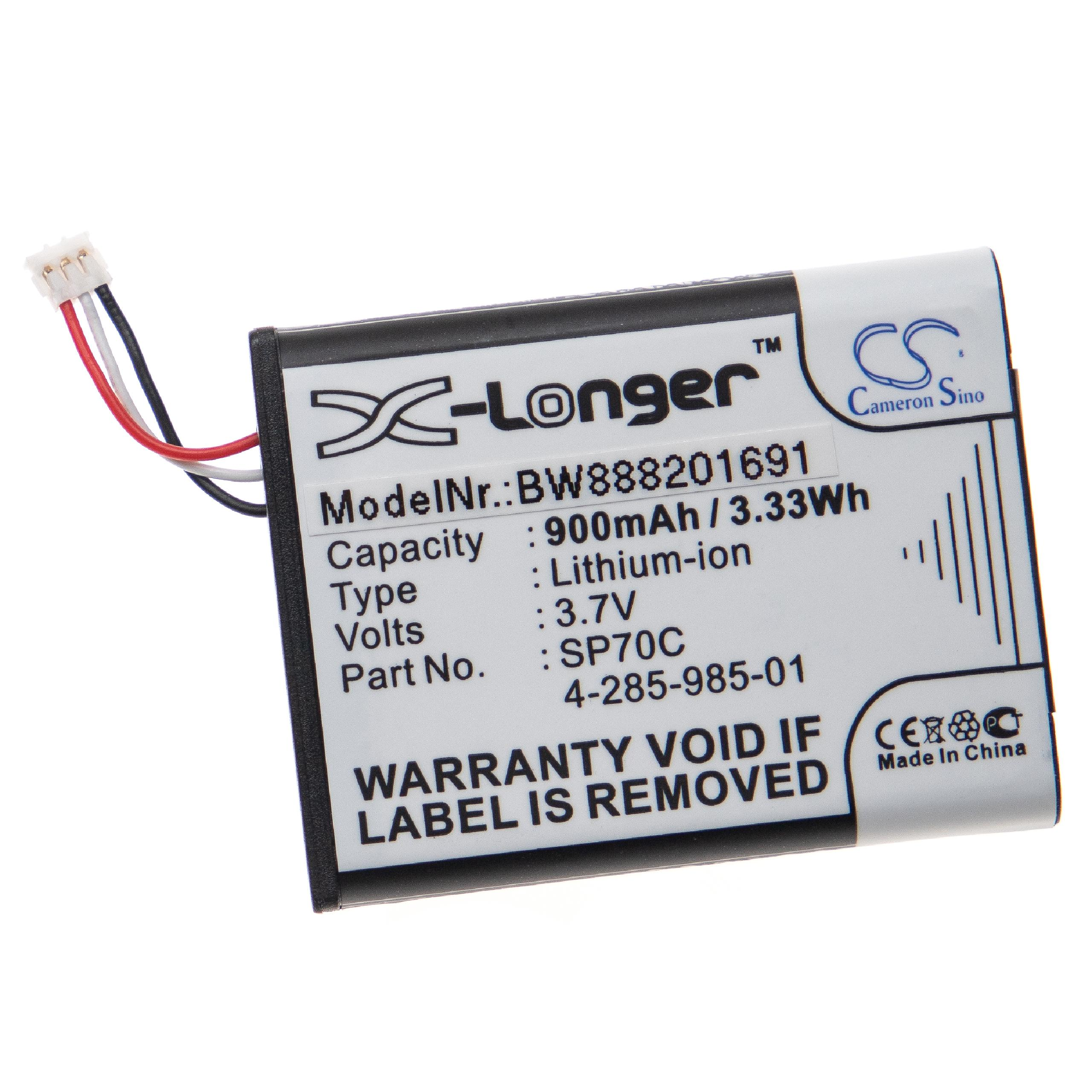 Eine kleine rechteckige Batterie mit weißem Text, schwarzem Rand und Anschluss auf weißem Hintergrund.