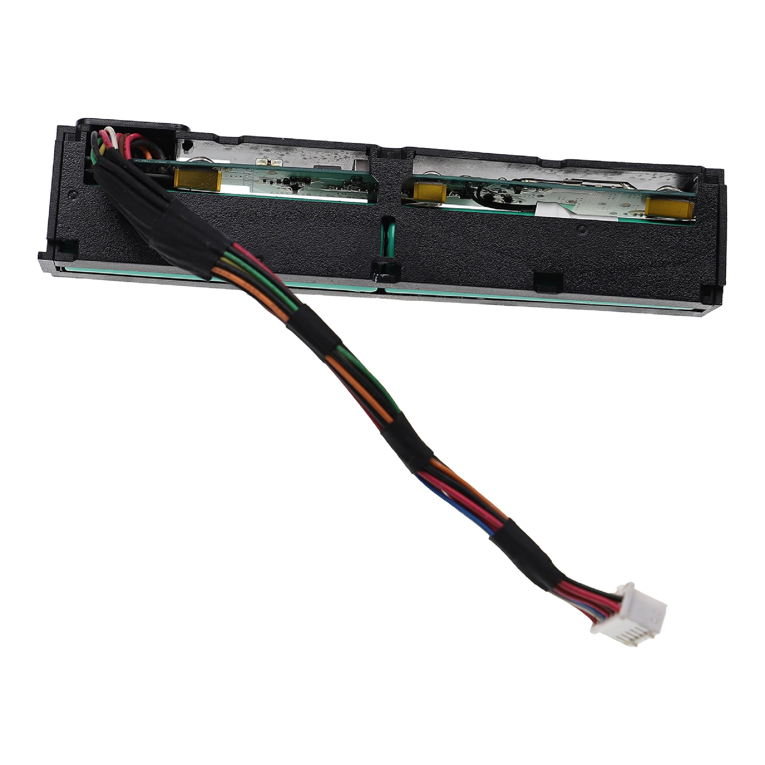 Eine schwarze elektronische Komponente mit mehrfarbigen Drähten und einem weißen Stecker.
