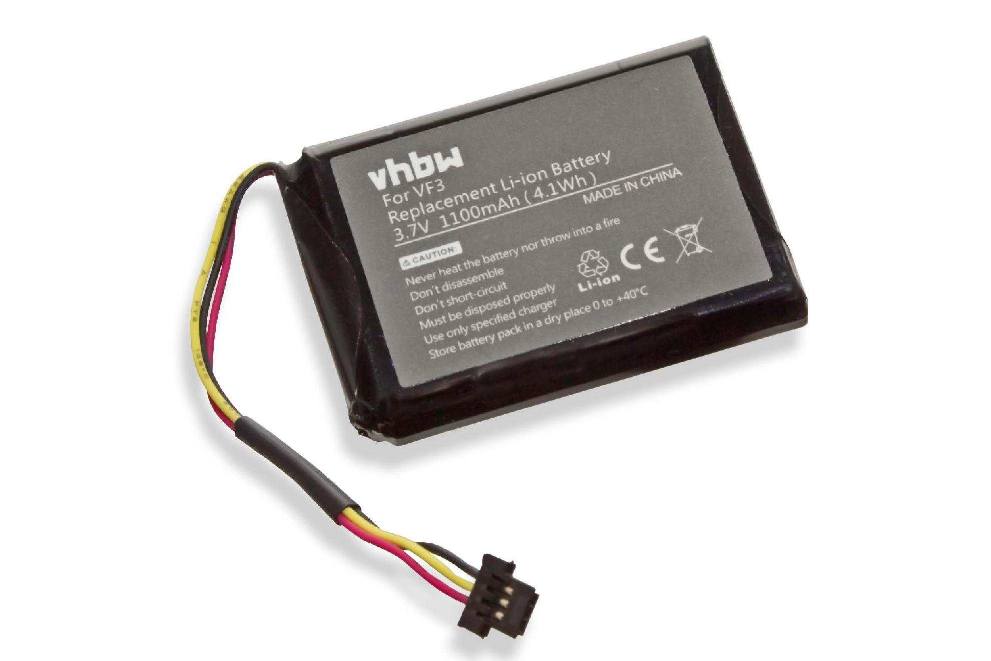 Ein schwarzes Akkupack mit Kabeln und einem Stecker. Es hat ein 'vhbw'-Etikett und etwas Text.