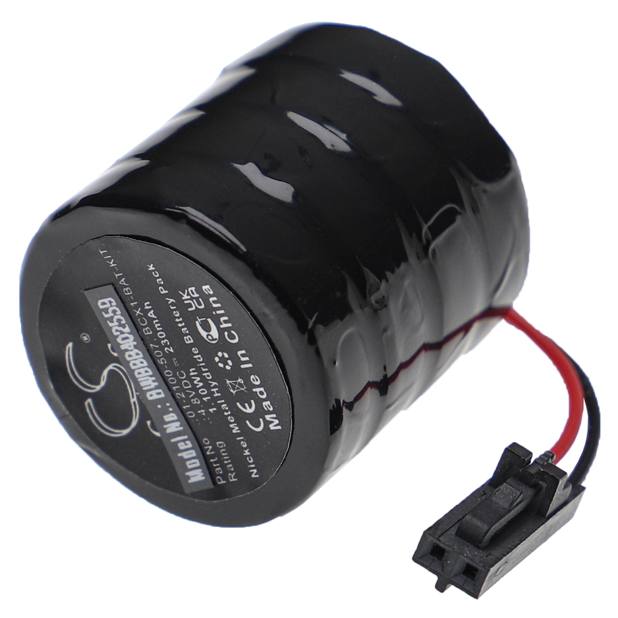 Schwarze zylindrische Batterie mit Etiketten. Sie hat rote und schwarze Anschlüsse. Der Text lautet 'Made in China'.