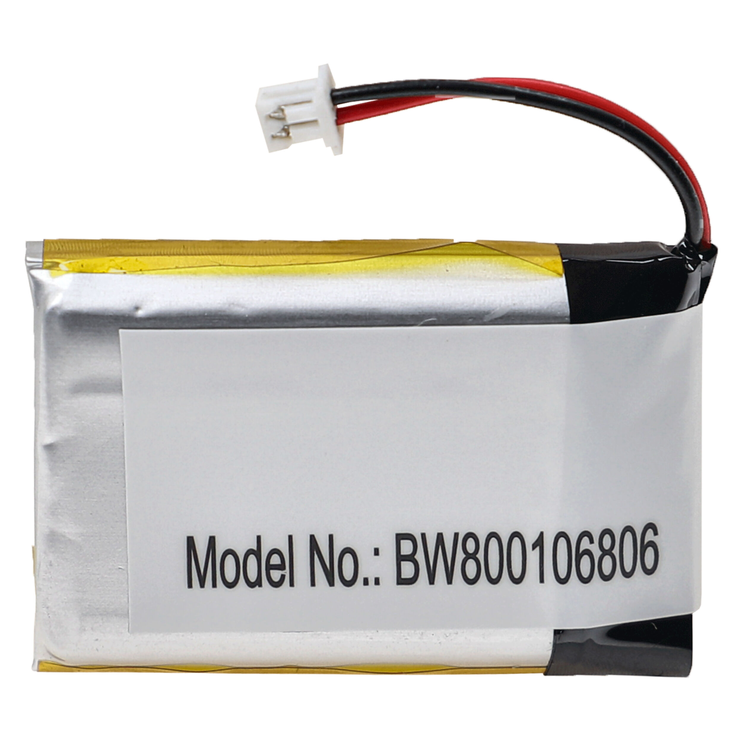 Kleine Batterie mit weißem Etikett mit Text. Schwarze und rote Drähte kommen heraus. Weißer Hintergrund.