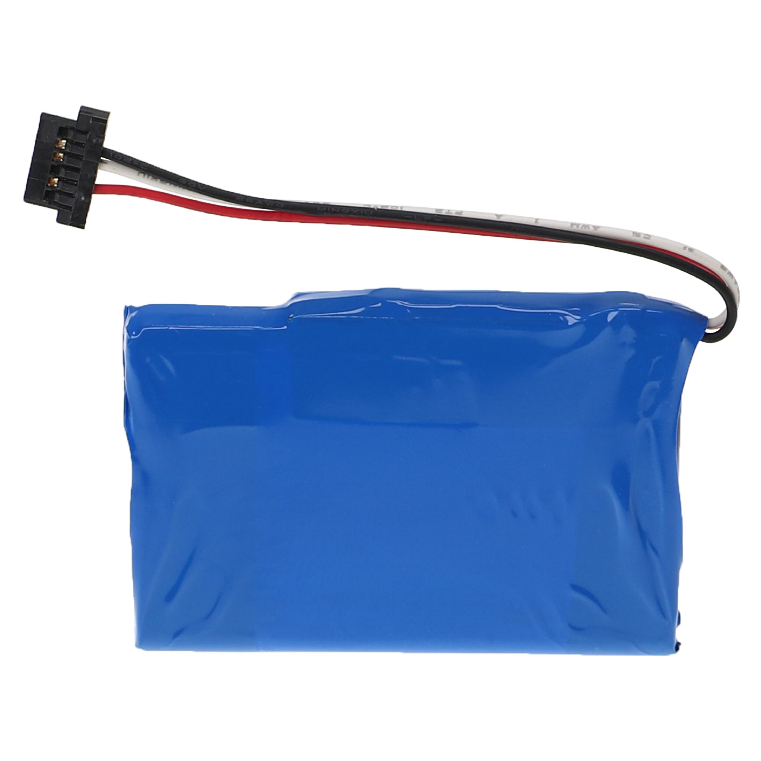 Eine blaue Batterie in Plastikfolie mit einem schwarzen Stecker und farbigen Drähten.