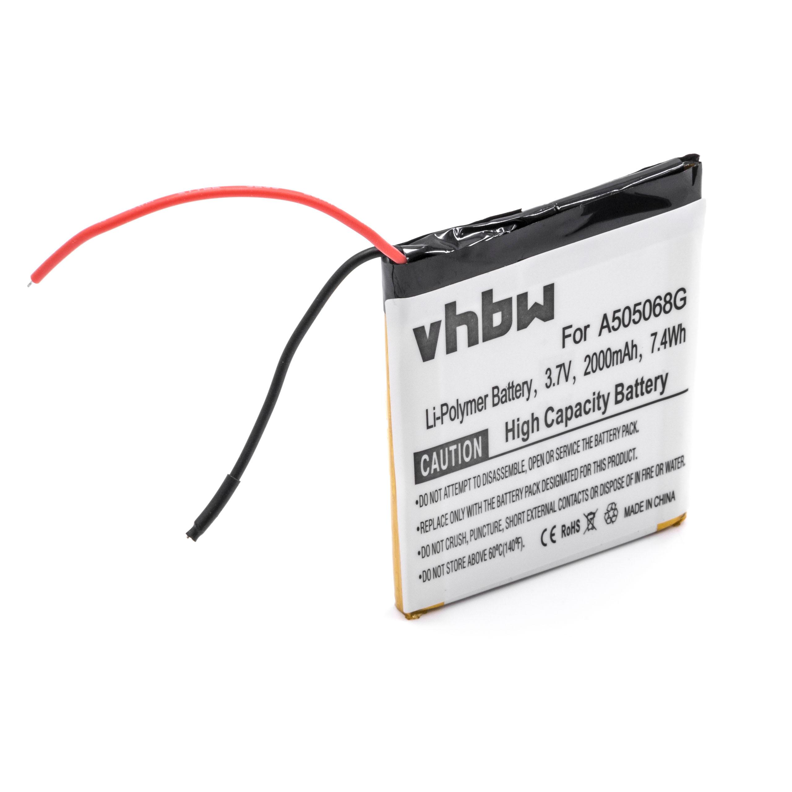 Ein Akku mit roten und schwarzen Drähten liegt auf einer weißen Oberfläche. Auf dem Akku steht vhbw, 3,7 V und Warnhinweise.