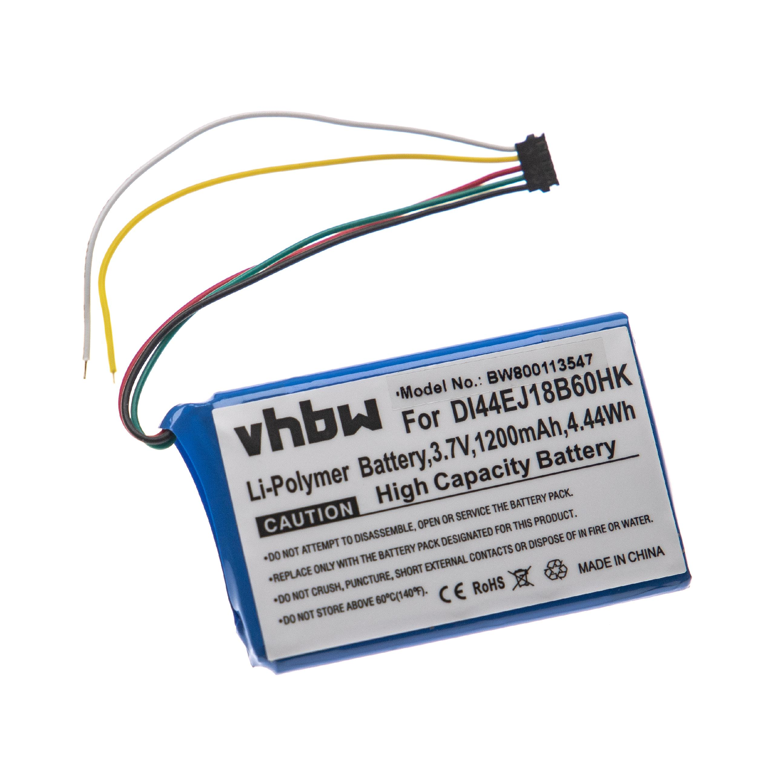 Rechteckige Batterie. Blauer Körper mit weißem Etikett. Mehrfarbige Drähte und Stecker. Weißer Hintergrund. Textdetails.