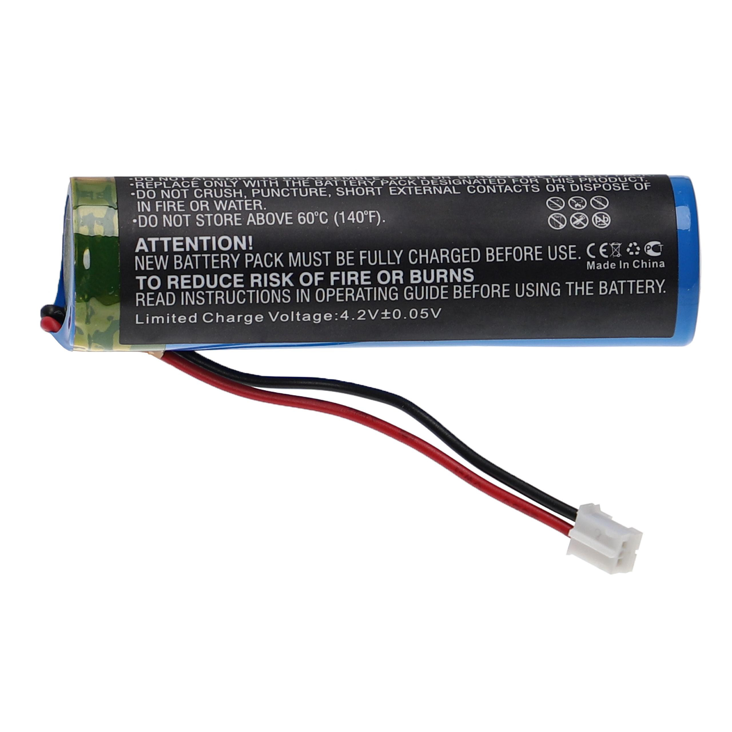 Ein blaues Batteriepack mit Warnhinweis und Kabeln. Weißer Hintergrund.