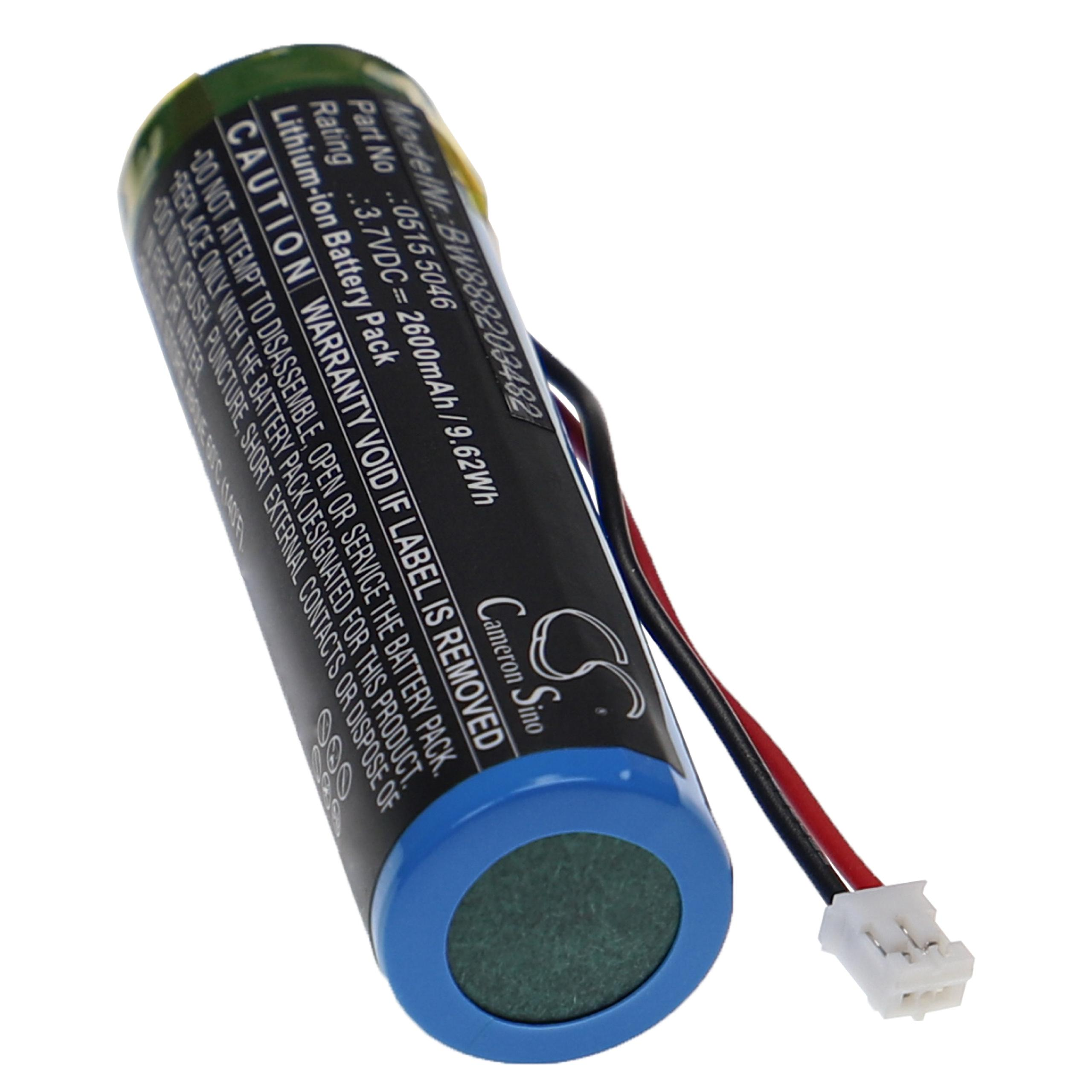 Zylindrische Batterie mit blauem Sockel und einem schwarzen, roten und weißen Drahtanschluss.