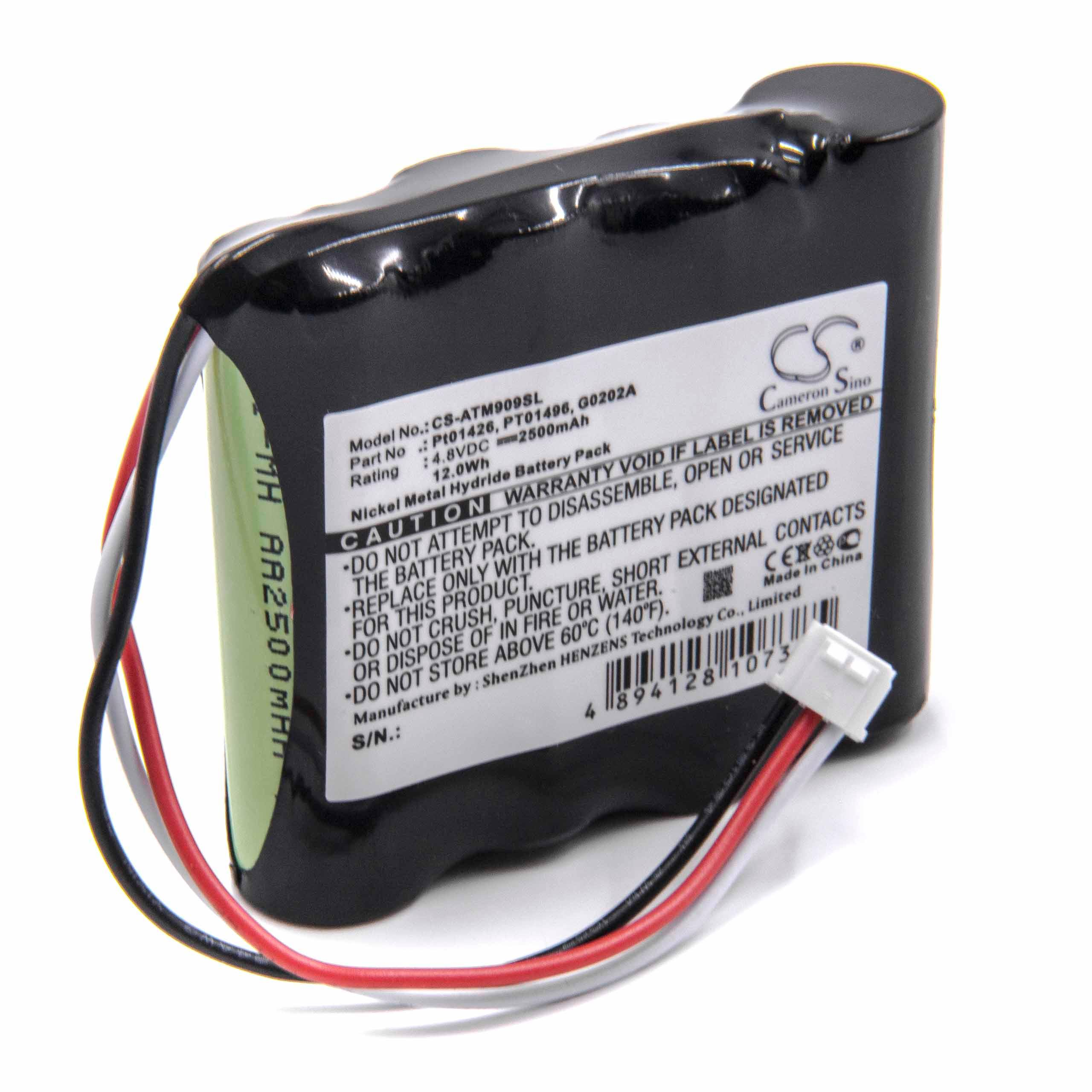 Zylindrische schwarze Batterie mit weißen, roten und grauen Drähten. Hat einen weißen Stecker und ein Warnschild.
